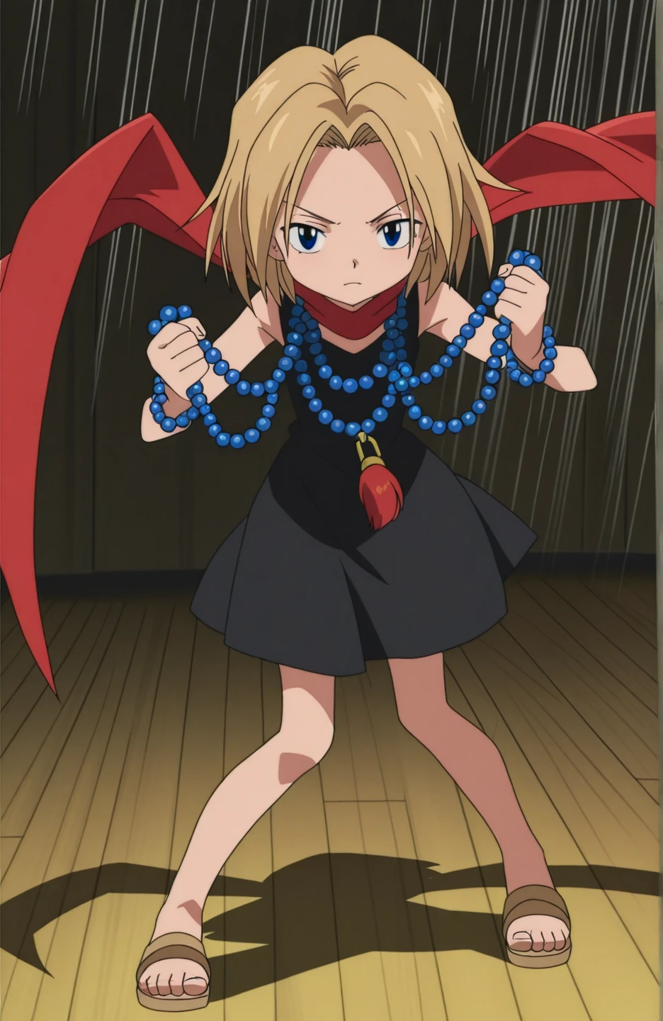 masterpiece, high quality, anime screencap, anna2k1 fighting, holding prayer beads, dynamic pose, motion blur, anime speed lines, young girl, solo, sandy blonde hair, red scarf around neck, , full body, wooden sandals, sleeveless black dress, dark-grey eyes, blue bead necklace with red end object, vivid lighting, action scene, looking at viewer