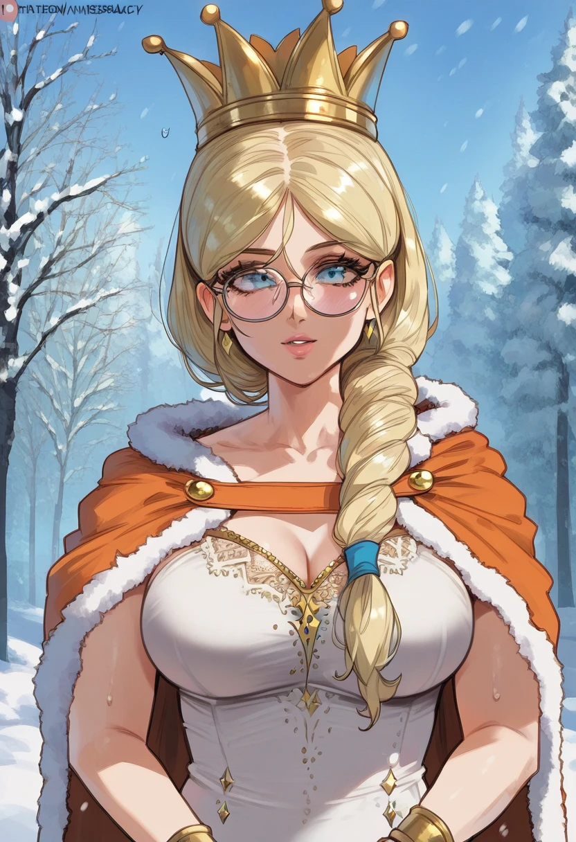score_9, score_8_up, score_7_up, score_6_up, score_5_up, score_4_up, masterpiece, best quality, BREAK,
1girl, outdoors, snow, <lora:Queen_Frysabel_DQ:1> frysabel, glasses, long hair, large breasts, blonde hair female, braid, dress, jewelry, bracelet, crown, cape , <lora:Mikayori_Style:1>
