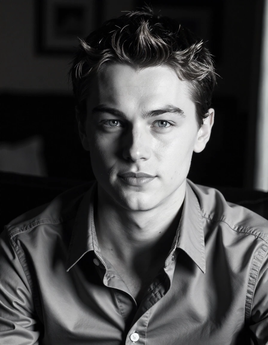 <lora:leonardo-dicaprio-ca1997-000004:1> man Raw Photo, 16mm Film, Black And White Film, Sweet Smile, A Serene And Intimate Portrait, Sits In The Center Of The Frame, Perfect Posture, Directly Facing The Viewer With Their Eyes Locked Onto The Camera, They Wear A Cotton Dress Shirt, Button-Up Top With All But The Topmost Button Fastened, They Also Wear A Heart Necklace, Adding A Touch Of Elegance To Their Overall Appearance, The Soft, Blurred Background And Soft Lighting Create A Cozy Atmosphere, Drawing The Viewer's Attention To The Subject's Expression, The Overall Effect Is One Of Calm And Introspection, Inviting The Viewer To Step Into Their World., Extreme Close-Up, Zoomed, Focus On Face, Centered, Macro Shot, Face Centered, Focus On Eyes, Looking Directly At The Viewer, Looking Directly At The Camera, Making Eye Contact, Looking Straight Ahead, <lora:zz_s_Chest_Size_Slider:-2> High Collar, Chest Covered, Glow Effects, God Rays, Hand Drawn, Render, 3d Render, Octane Render, Cinema 4d, Blender, Dark, Atmospheric 4k Ultra Detailed, Cinematic, Sharp Focus, Big Depth Of Field, Masterpiece, Colors, 3d Octane Render, 4k, Concept Art, Trending On Artstation, Hyper Realistic, Vivid Colors, Extremely Detailed Cg Unity 8k Wallpaper, Trending On Cgsociety, Intricate, High Detail, Dramatic, Professional Photo, Glow Effects, God Rays, Cinematic, Sharp Focus, Big Depth Of Field, Masterpiece, Colors, 4k, Hyper Realistic, Vivid Colors, Extremely Detailed, 8k Wallpaper, Intricate, High Detail, Dramatic Lighting, High Contrast, Shadows, Highlights, Cinematic, Atmospheric <lora:zz_s_Fluxartis:0.5> A highly detailed cinematic photography <lora:zz_s_Stylish_Lighting:0.5>