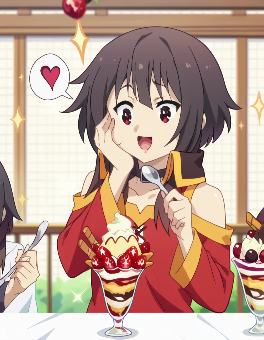 fscore_9, score_8_up, score_7_up, source_anime, <lora:konosuba-megumin-s2-ponyxl-lora-nochekaiser:1>, megumin, short hair, black hair, red eyes, short hair with long locks, mature female, small breasts, anime screencap, <lora:parfait-ponyxl-lora-nochekaiser:1>, parfait, open mouth, heart, food, sparkle, fruit, happy, hand on own face, spoken heart, ice cream, strawberry, spoon, hand on own cheek, cherry, holding spoon, ,