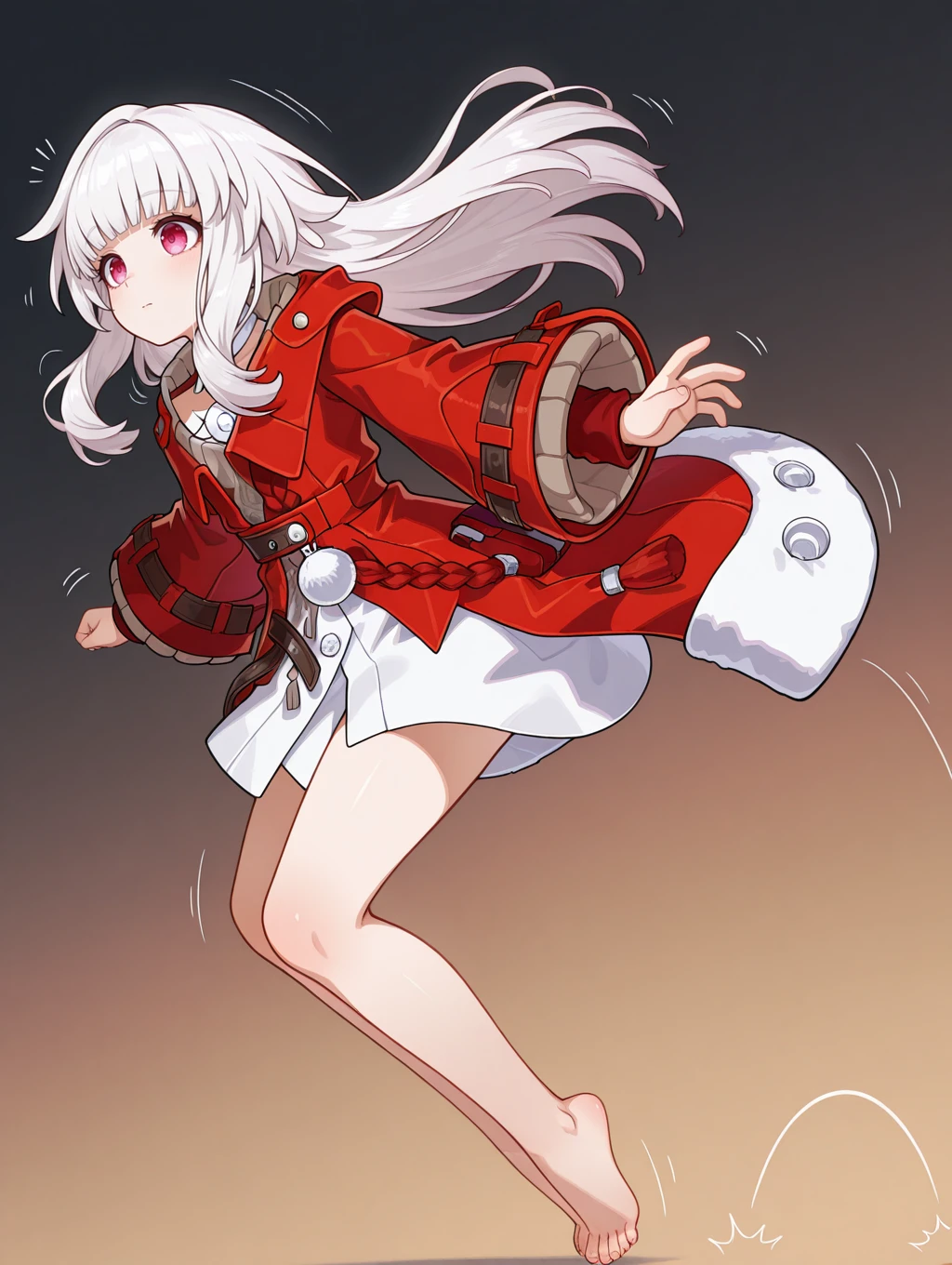 1girl, solo, very awa, masterpiece, best quality, amazing quality, very aesthetic, absurdres, full body,
<lora:Hopping-IL-Lance-V1:1> bhop, midair, hop lines, hopping, motion lines,
<lora:Clara-IL-V1:1> clara \(honkai: star rail\), long hair, barefoot, bangs, very long hair, bare legs, blunt bangs, long sleeves, coat, red jacket, dress, wide sleeves, jacket, pom pom (clothes),
