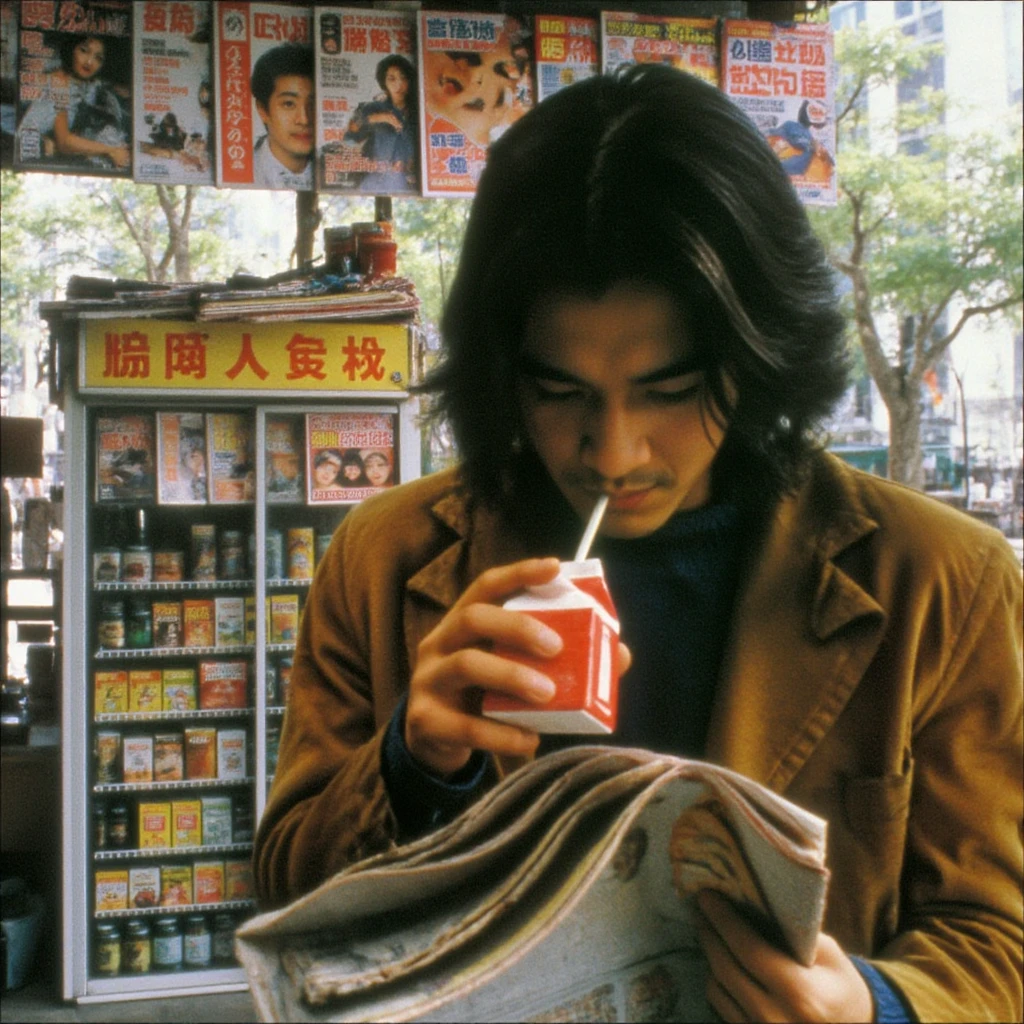 90LOG-PHOTOGRAPHY, A photograph of a man with shoulder-length dark hair, wearing a brown suede jacket, reading a newspaper while holding a red juice box. He is seated outside a store with a large window display filled with various magazines and products. The scene is bright with sunlight filtering through trees in the background, indicating it is daytime. The man appears to be in his late 30s or early 40s.