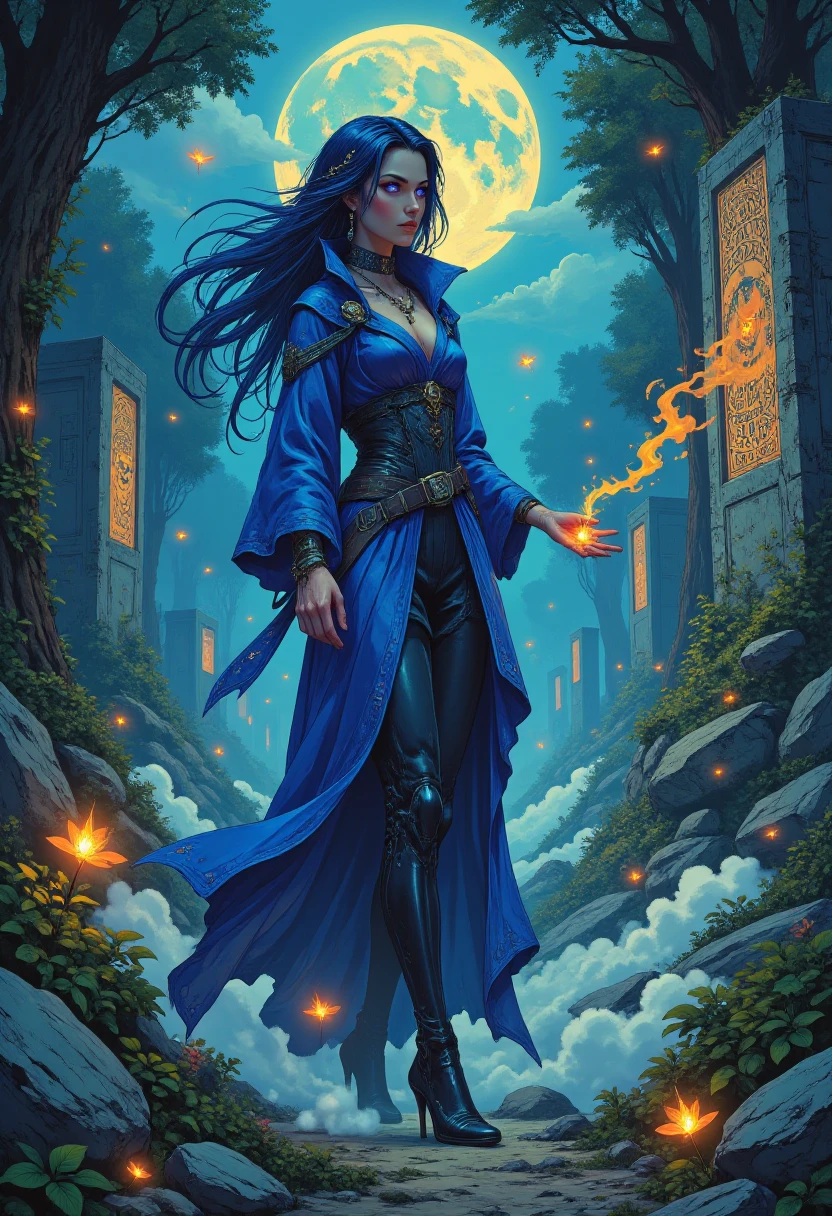 neosigma style , A mysterious enchantress with flowing midnight-blue hair and captivating violet eyes stands in the heart of an enchanted glade. Her elegant robes ripple like liquid shadow, seamlessly blending with the ethereal mist that dances around her feet. Fireflies flicker in a mesmerizing symphony of golden light, illuminating the ancient runes carved into the massive stones encircling her. A crescent moon hangs low in the sky, casting an otherworldly glow upon the tranquil scene, where magic hums in the air like a forgotten lullaby. The scene unfolds in a dreamlike fusion of mysticism and natureâs quiet power, where time itself seems to pause in reverence. Fantasy realism, intricate and detailed illustrations, atmospheric beauty, and adventure themes <lora:_FLUX_NeoSigma_Style_:0.6>