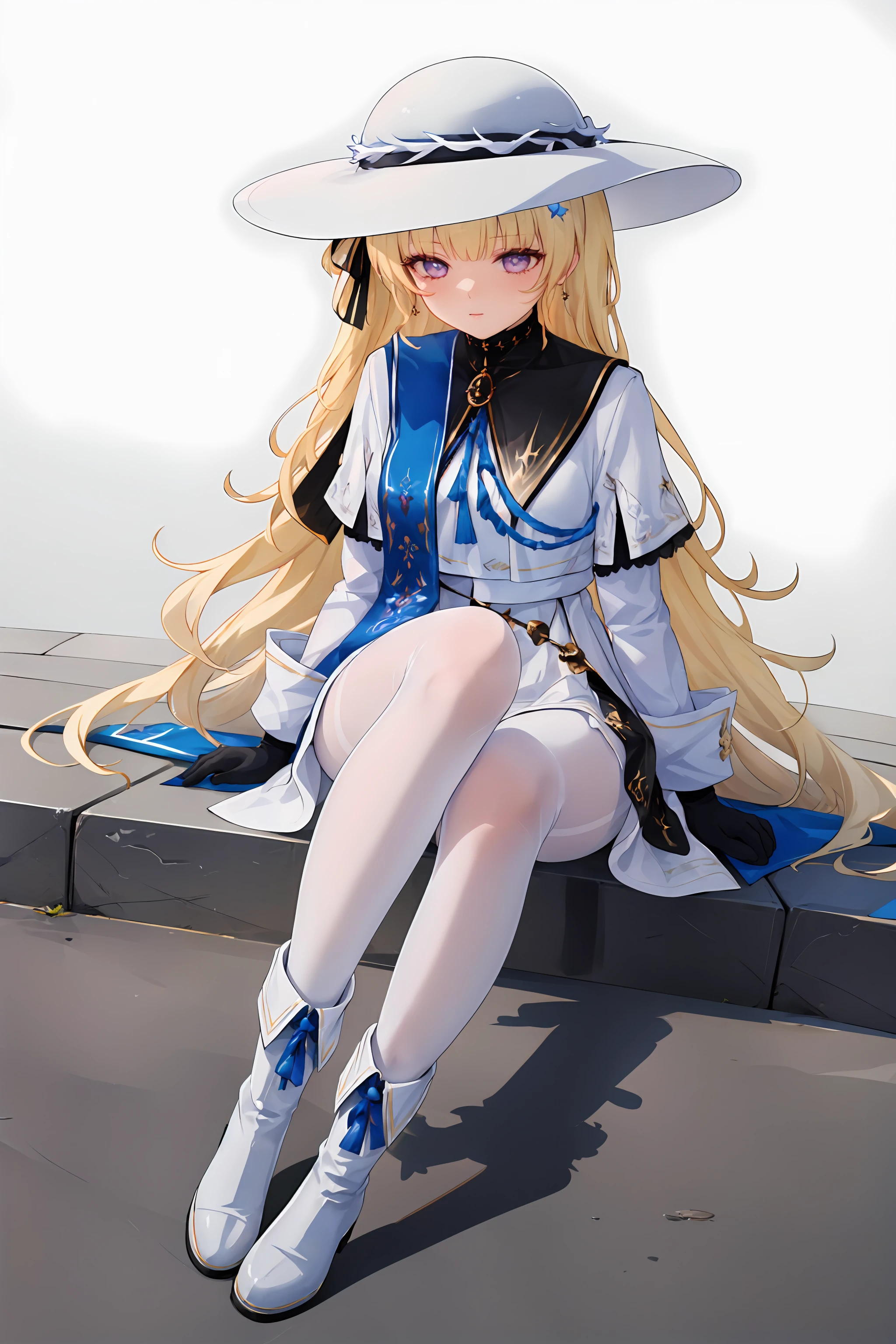 ((masterpiece,best quality)), 1girl, phoebe, white hat, black gloves, leg tattoo, white pantyhose, white boots, sitting on ground, shadow, simple background, shadow,