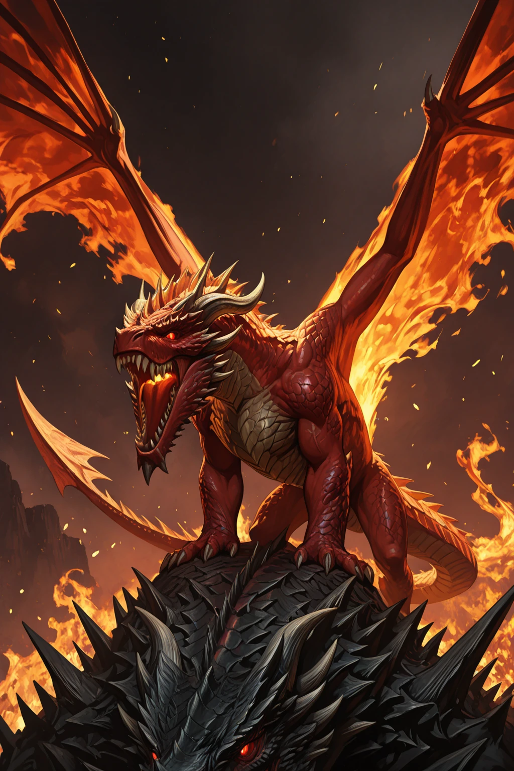 masterpiece, good quality, best quality, very awa, very as2, absurdres, highres
<lora:DragonsilluLoRA.json:1>dragon, teeth, sharp teeth, open mouth, wings, monster, scales, horns, claws, tail, spikes, glowing, red eyes, red skin, fiery wings
<lora:80FantasyStyleilluLYCO:0.7> fantastyle, portrait