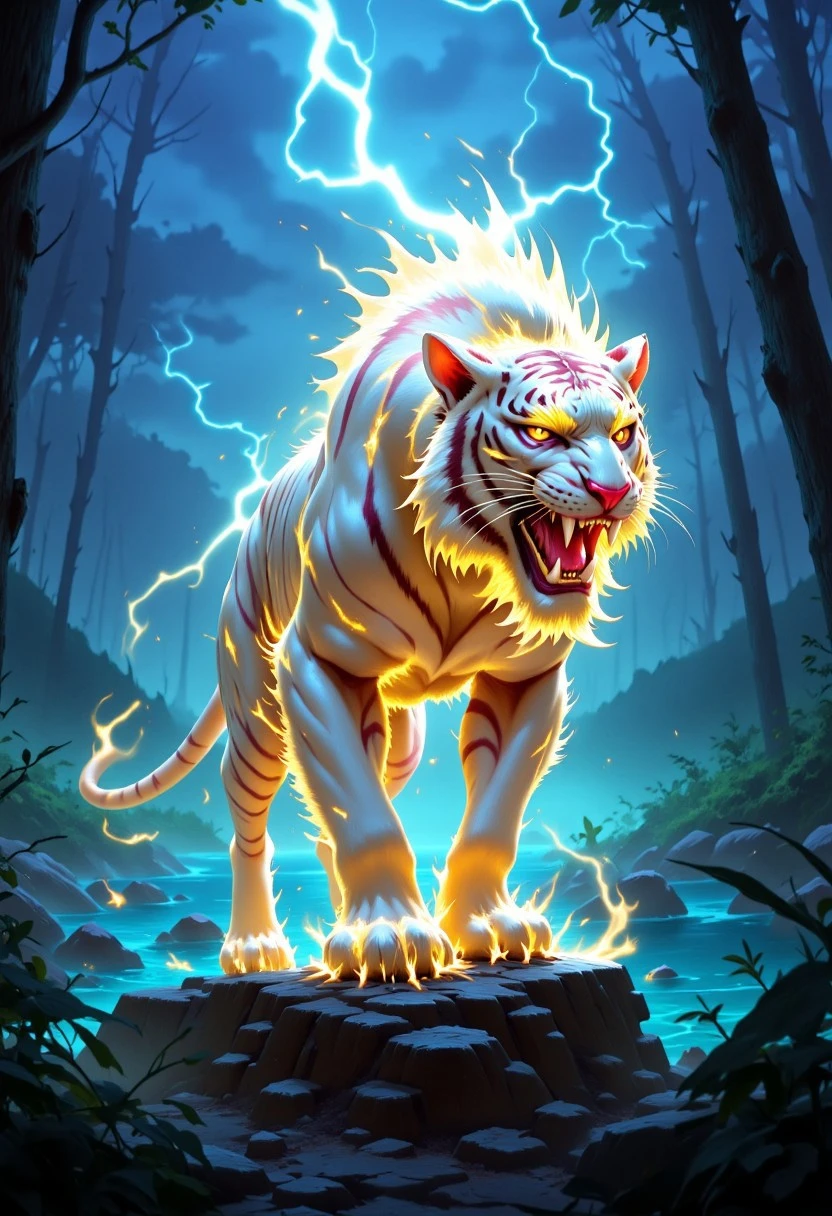 FantasyCardd-V1.0 style illustration of a majestic white tiger, surrounded by the aura of lightning, the tiger is covered with golden glowing tattoos he is standing on te rock in the middle of the forest with lake in the background. The tiger is roaring in viewer direction and in the background there are multiple lightning strikes.