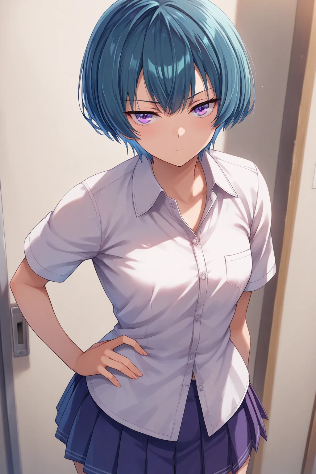 masterpiece, best quality, absurdres, safe
1girl mio ibuki blue hair short hair purple eyes
white shirt, pleated skirt, hand on hip
<lora:cote_aio_il_6_v1_d32:1>