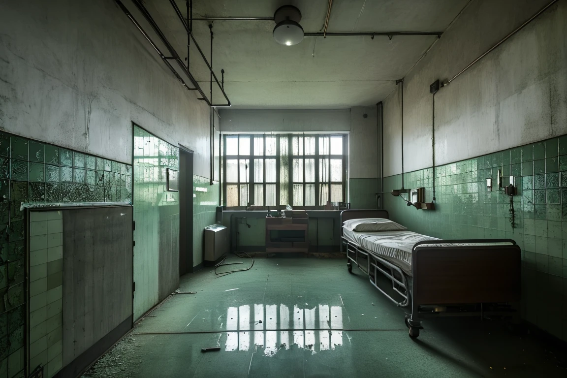 <lora:JJsAbandonedHospital:0.85> , ((Abandoned Hospital)), ((masterpiece)), ((best quality)), scenery, indoor, realistic, soft lighting, high detailed, center composition, door, window, bed, hall way, vine, lamp, desk, bottle, dirty, moss, crack, medical equipment, dust, soil, broken glass, gray wall,, photography, capturing moments, storytelling, creative composition