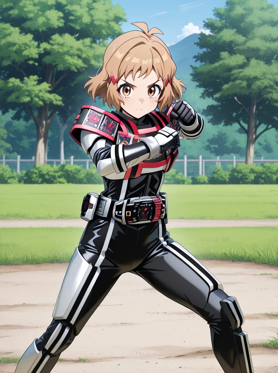 masterpiece, best quality, amazing quality, very aesthetic, absurdres, newest anime screenshot, anime coloring,
<lora:DecadeComplete:1>completeform, armor, solo, belt, tokusatsu, , standing, rider belt 1girl, fighting stance, looking at viewer <lora:TachibanaHibikiIlus:0.6>tachibanahibiki, 1girl, short hair, hair ornament, brown hair, brown eyes