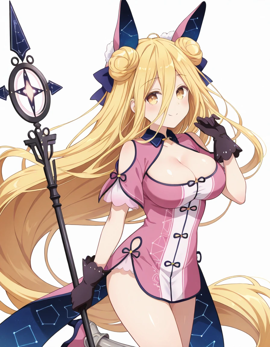 Volumetric Lighting, (masterpiece), (best quality), (ultra-detailed), masterpiece, source_anime, score_9, score_8_up, score_7_up BREAK, illustration, disheveled hair, detailed eyes, perfect composition, moist skin, intricate details BREAK, light depth, BREAK, ], Mukuro, yellow eyes,large breasts, Hairstyle1,messy hair, blonde hair, absurdly long hair,double bun, hair between eyes BREAK, MukuroZodiac, zdc_dress, constellation print, zdc_hair_ornament, zdc_gloves, zdc_armored_high_heels_boots, zdc_key_staff BREAK, looking at viewer, simple background, white background, holding, standing, standing on one leg,holding staff, hand up, smile