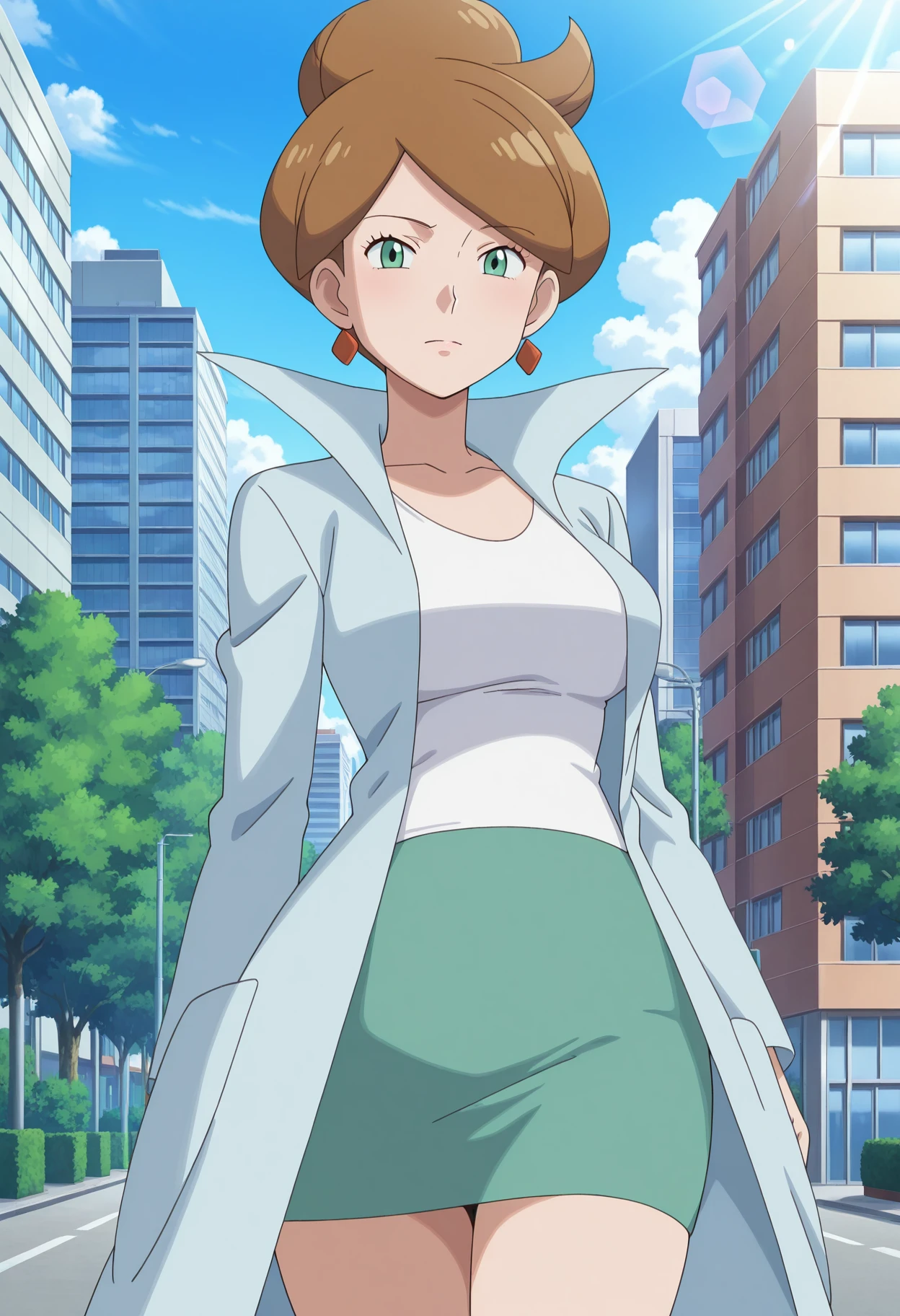 masterpiece, absurdres, newest, 1girl, solo, c-juniper, mature female, green eyes, hair bun, brown hair, lab coat, green skirt, earings, white shirt, long sleeves, outdoors, city, day, lens flare, dramatic lighting, looking at viewer, mature female, anime screencap, thighs,