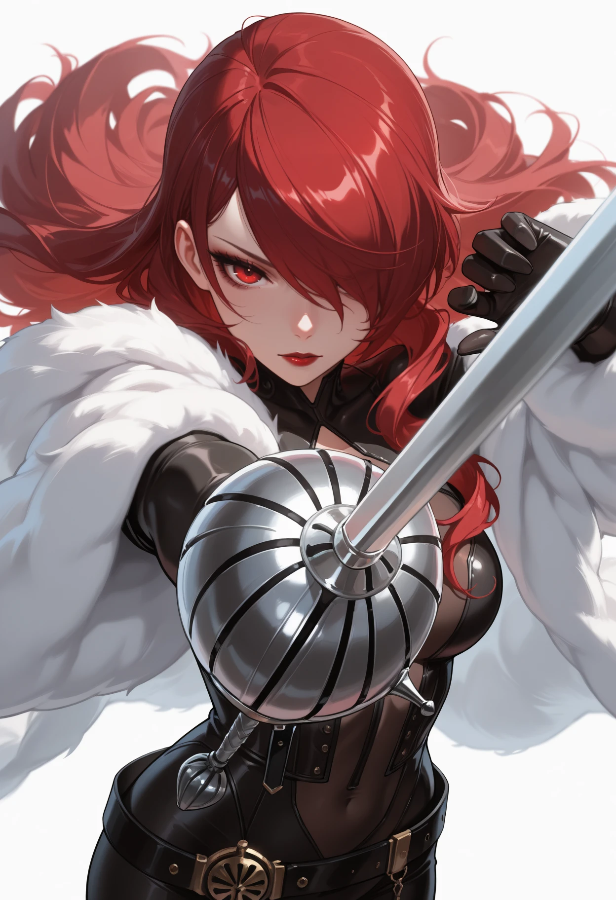 masterpiece, best quality, newest, (foreshortening:1.2), solo, 1girl, mtsrarena, red lips, looking at viewer, holding weapon, rapier, long hair, red hair, hair over one eye, red eyes, fur coat, black bodysuit, black gloves, black belt
<segment:yolo-face_yolov8m.pt,0.4,0.5//cid=1>