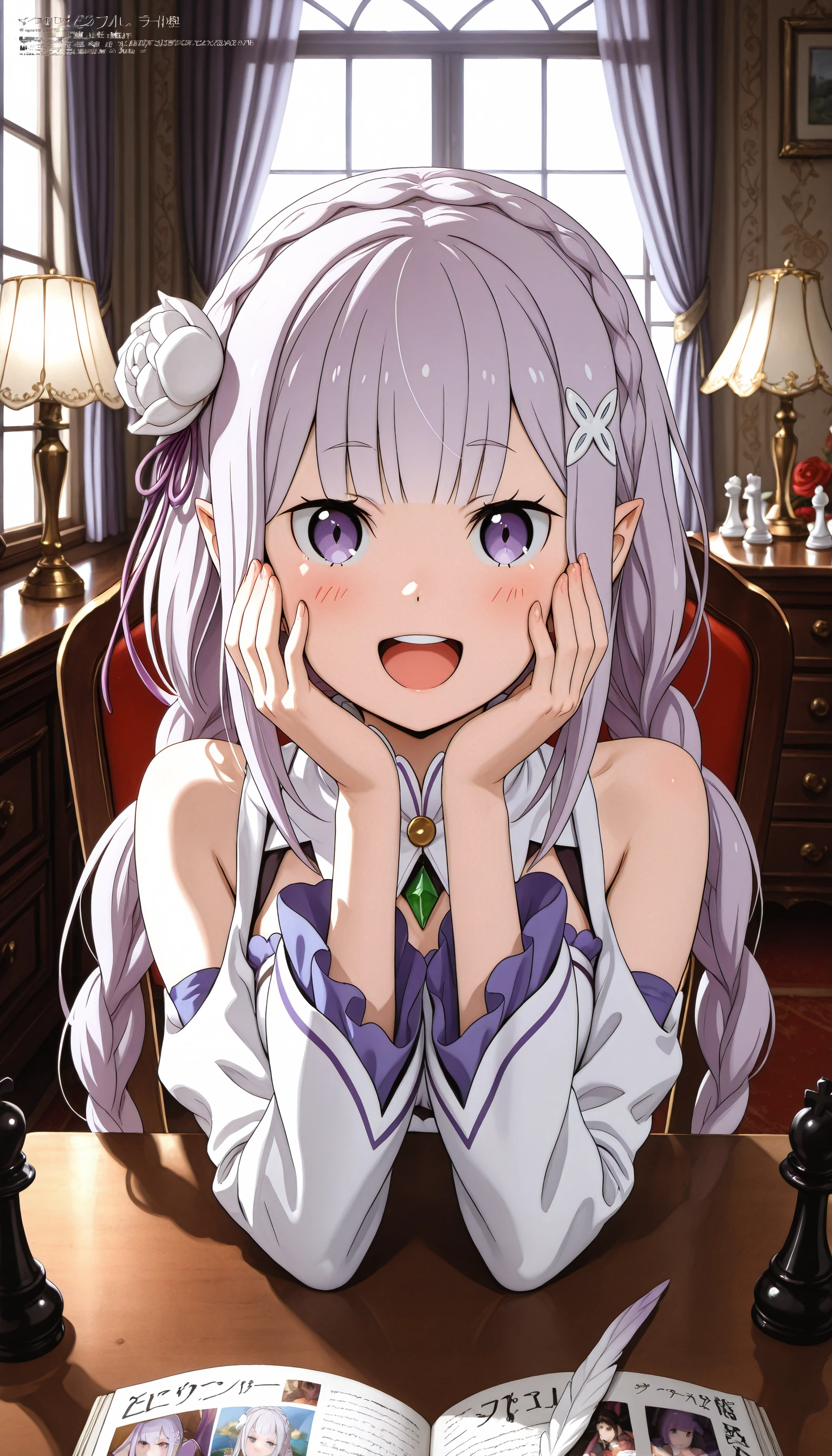 ((SK-Illu, sakai_kyuuta, 1girl, solo, long_hair, blush, looking_at_viewer, smile, open_mouth, bangs, eyebrows_visible_through_hair, hair_ornament, shirt, dress, ribbon, long_sleeves, bare_shoulders, sitting, very_long_hair, purple_eyes, hair_ribbon, purple_hair, braid, flower, upper_body, :d, detached_sleeves, frills, teeth, pointy_ears, official_art, hair_flower, indoors, blunt_bangs, twin_braids, scan, window, clothing_cutout, copyright_name, rose, chair, table, upper_teeth, curtains, elf, white_flower, light_purple_hair, desk, round_teeth, re:zero_kara_hajimeru_isekai_seikatsu, lamp, hands_on_own_face, chess_piece, white_rose, shoulder_cutout, megami_magazine, hands_on_own_cheeks, magazine_scan, emilia_(re:zero), quill))