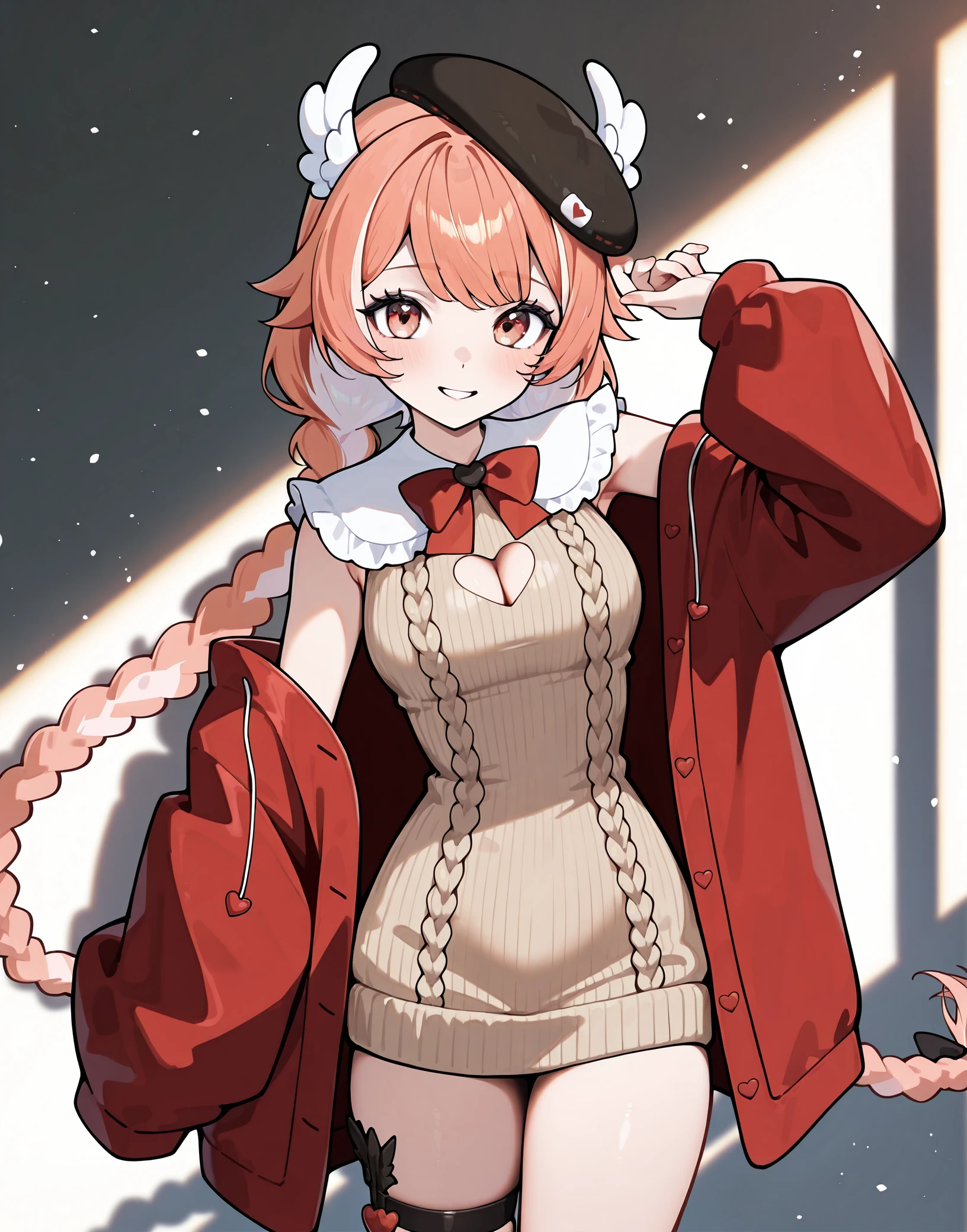 masterpiece, perfect quality, best quality, absolutely eye-catching, absurdres, highres, newest, <lora:pillowdear20IllustriousXL:1>, 1girl, pillowdear1st, cowboy shot, cleavage cutout, beret, jacket, smile,