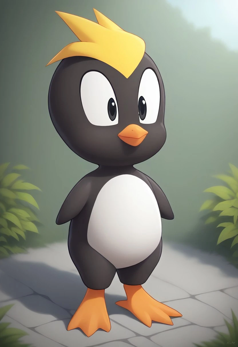 score_9, score_8_up, score_7_up, (best quality:1.1, furry, smooth lighting), ultra-detailed, high resolution, 8k, Pecky the Penguin, black skin, yellow hair, orange beak, black eyes, orange feet, white underbelly, (voluptuous, big breasts, curvy, busty, thick thighs), BREAK outside, Rich, Detailed background, ambient light