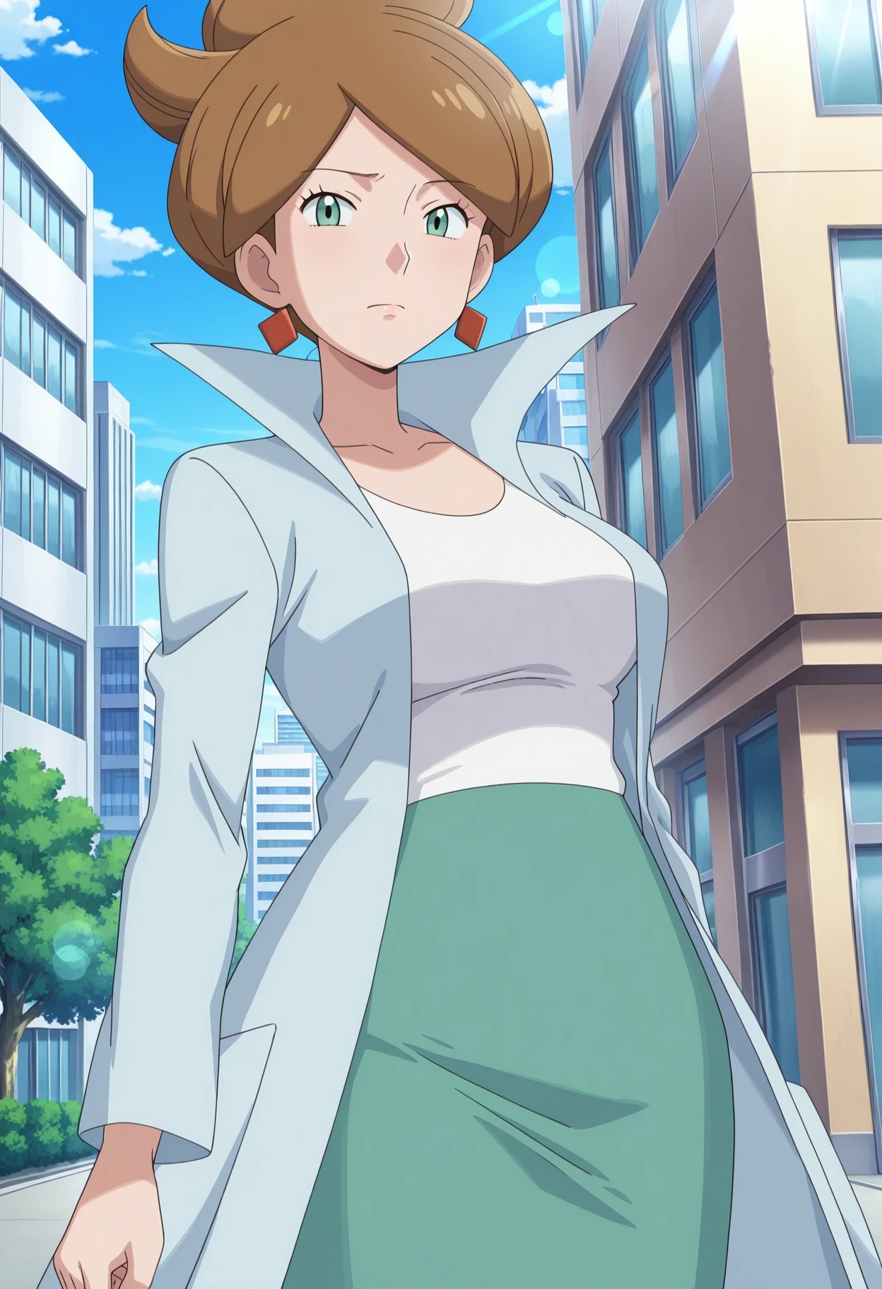 masterpiece, absurdres, newest, 1girl, solo, c-juniper, green eyes, hair bun, brown hair, lab coat, green skirt, earings, white shirt, long sleeves, outdoors, city, day, lens flare, dramatic lighting, looking at viewer, mature female, anime screencap,