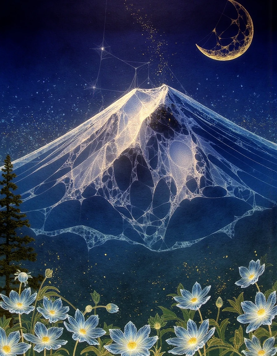 a dinhng style painting , a glowing mountain range under a crescent moon with translucent mist, intricate starry sky, delicate flowers, and golden accents, mystical and serene, <lora:nihonga-stardust_v32-000070:1>