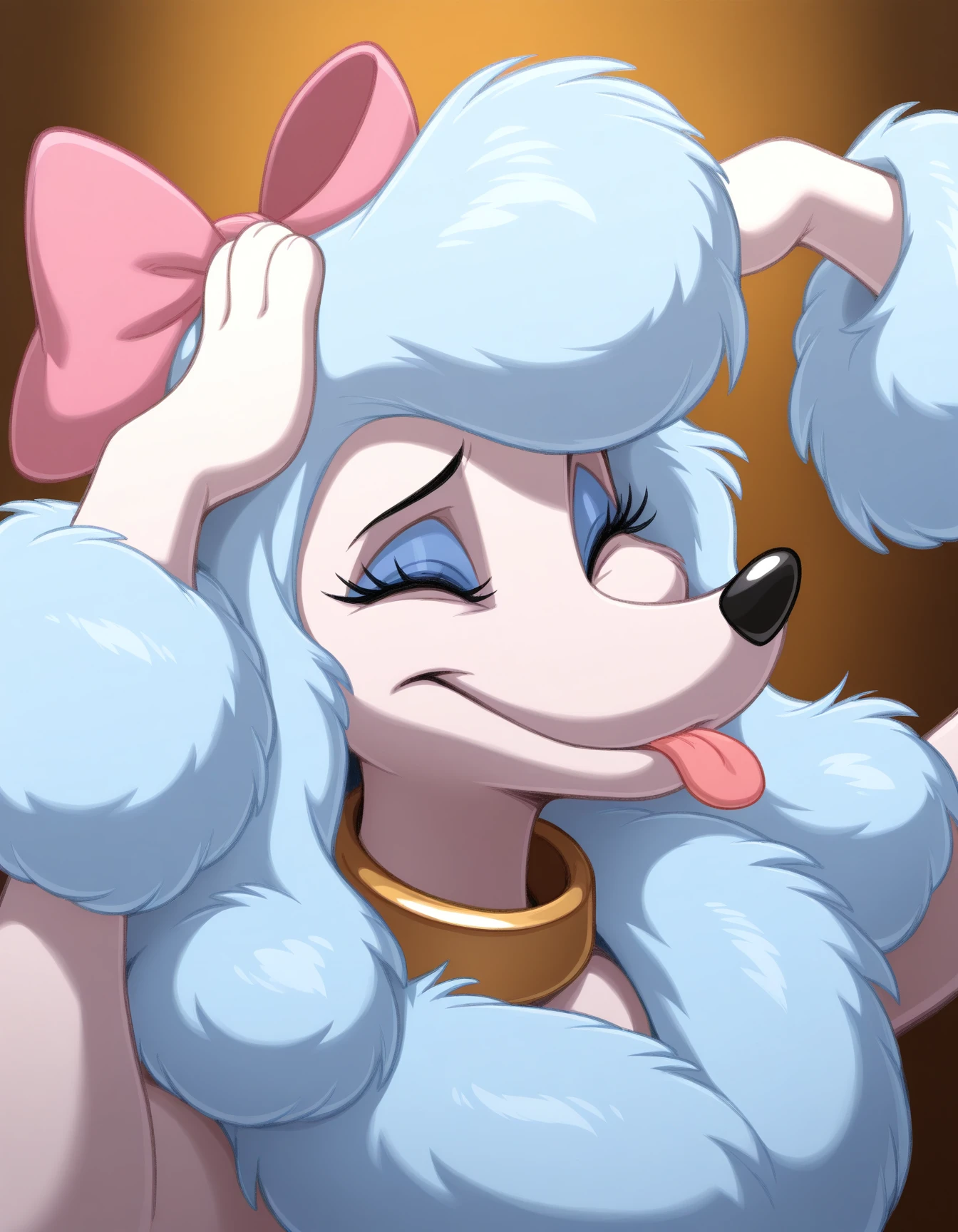 masterpiece, best quality, amazing quality, very aesthetic, high resolution
Ge0rgette, disney, poodle, light blue fluffy fur, blue mascara, gold collar, tail, pink bow on its head, black nose, AhEtoBlehMeme, closed eyes, tongue out, :p, paws on own head, smile, portrait
<lora:AhEtoBlehMeme_illusXLNoobAI_Incrs_v1:1>
<lora:Ge0rgette_il:0.9>