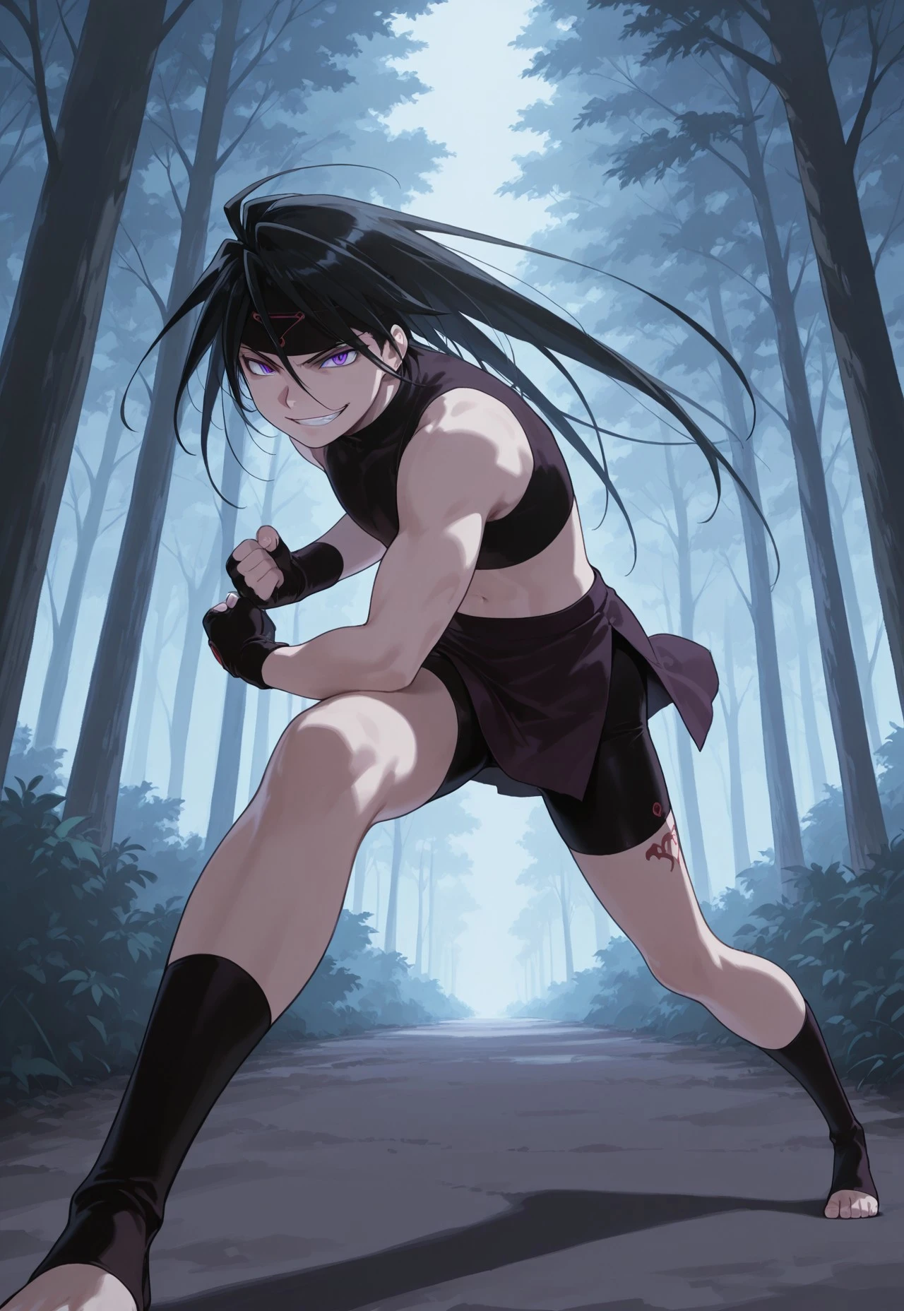 score_9, score_8_up, score_7_up, score_6_up, source anime, masterpiece, best quality, FMAB_Envy, 1boy, male focus, solo, long hair, black hair, purple eyes, slit pupils, headband, crop top, bare shoulders, midriff, gloves, fingerless gloves, skirt, side slit, bike shorts under skirt, bike shorts, toeless legwear, leg tattoo, fighting stance, evil grin, dynamic pose, perspective, forest