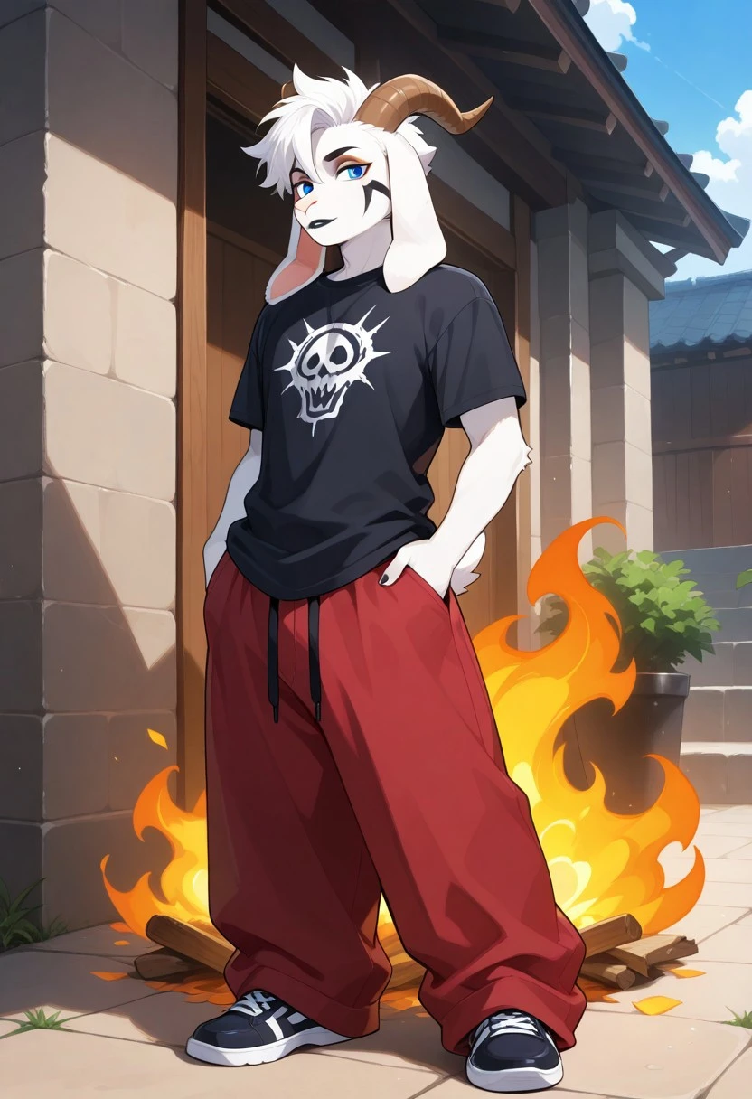 score_9, score_8_up, score_7_up, score_6_up, score_5_up, score_4_up, source_furry
anthro, solo,((male, 1boy, solo)), black shirt, baggy pants, PyroAz, goat, white fur, blue eyes, facial markings, eyeliner, white punk alt hair, black lipstick, brown horns, long floppy ears
BREAK
detailed background, indoor scenery, (((full body portrait)))