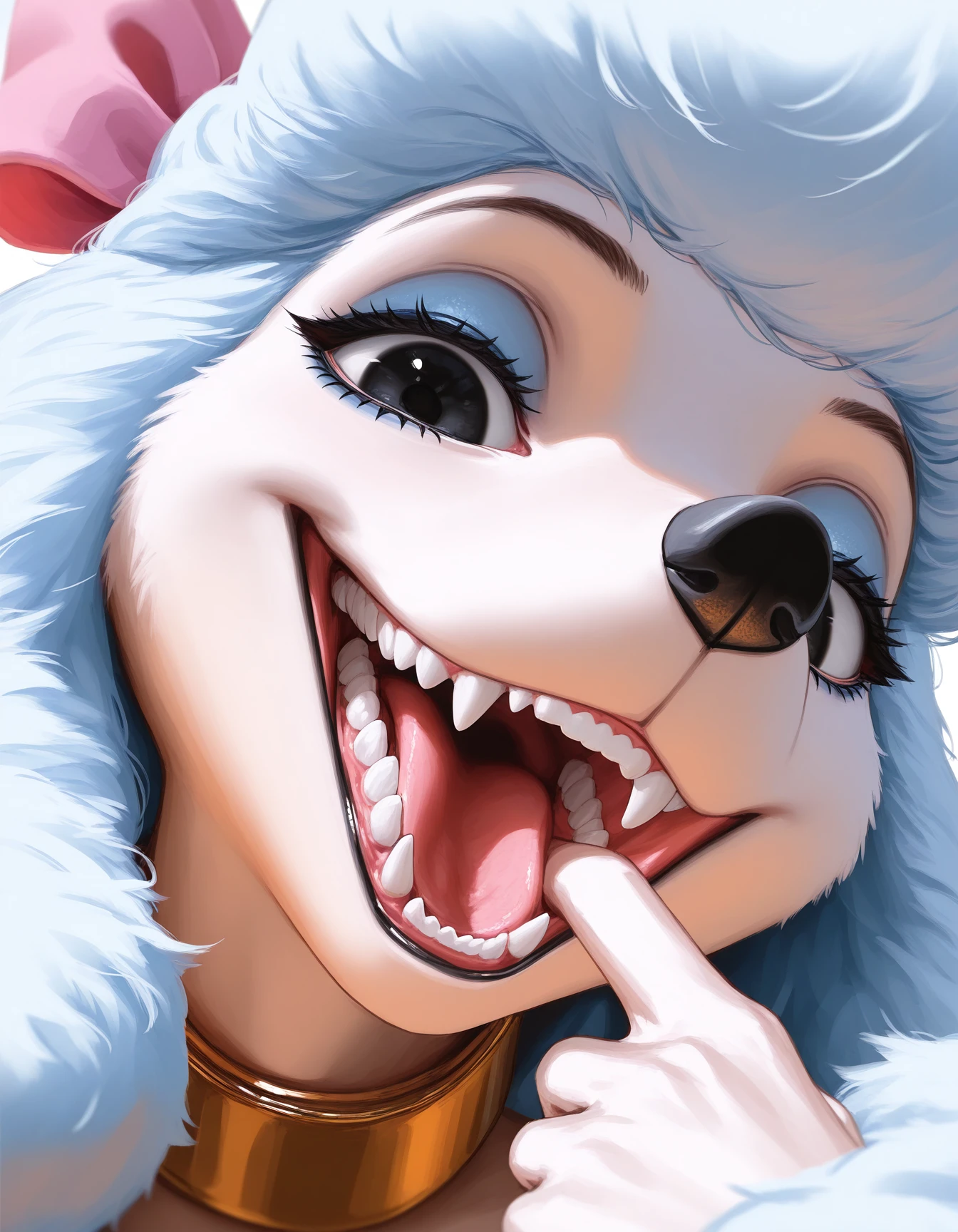 masterpiece, best quality, amazing quality, very aesthetic, high resolution, solo
Ge0rgette, disney, poodle, light blue fluffy fur, blue mascara, gold collar, tail, pink bow on head, (archlich, wlop, guweiz, solipsist:0.5)), (photoshop_\(medium\):1.1), (close-up-fisheye-lense:1.2), perspective, distorted_angle, lense, teeth, 1girl, mouth pull, finger in own mouth, looking at viewer, saturated, hyper-detailed, amazing, beautiful, clear, sharp focus, smile, paws, black eyes
<lora:Ge0rgette_il:0.9>