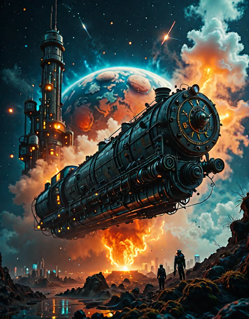 <lora:Space_Worlds_02__Dark:1.0> sw02d_illus, in space, water planet, steampunk, space nebula, planet decay, cyberpunk city, clouds, steam train, moss, lava,