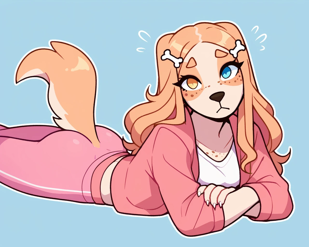 score_9_up, score_8_up, score_7_up, score_6_up, by remanedur, medium breasts, long hair, dog, heterochromia, pink yoga pants, t-shirt, jacket, bone hair ornament, freckles, on front, butt, female, looking at viewer, tail, solo, three-quarter view, head tilt, simple background, white outline,<lora:Leah_Pines(AIM)_XL_v1:0.15> <lora:PDXL_artist_tags_v2_big:0.5> <lora:The-Minuscule-Task_PDXL_v1.0:0.6> <lora:Clover_FoxyPew:0.5>