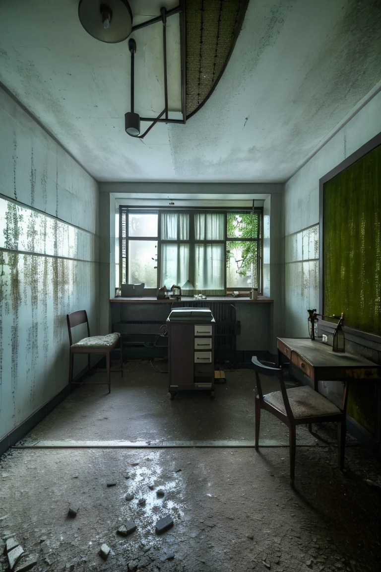 <lora:JJsAbandonedHospital:0.85> , ((Abandoned Hospital)), ((masterpiece)), ((best quality)), scenery, indoor, realistic, soft lighting, high detailed, center composition, door, window, bed, hall way, vine, lamp, desk, bottle, dirty, moss, crack, medical equipment, dust, soil, broken glass, gray wall,, photography, capturing moments, storytelling, creative composition