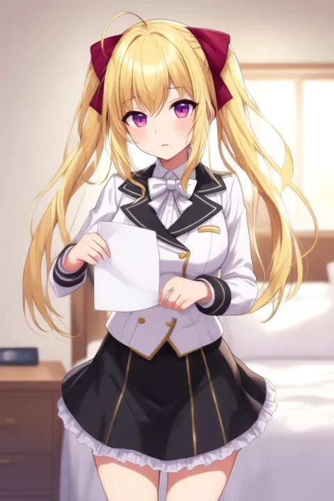Takamiya Rion, anime-style girl. The image features an anime-style character with long blonde hair styled in twin tails, each adorned with a red bow. The character has striking purple eyes and is wearing a white blouse with black trim and gold buttons, paired with a black skirt that has a frilled hem, (She tore the letter into pieces:2.5) in bedroom.