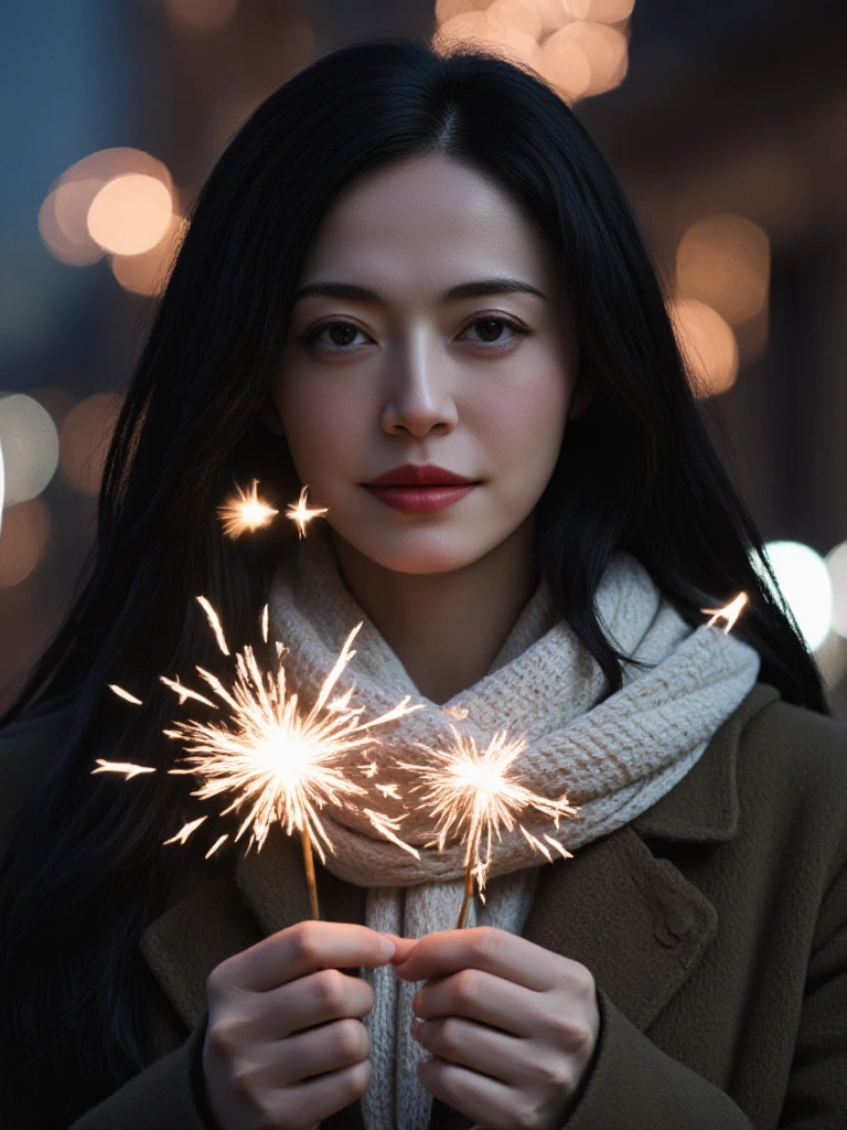 There are wonderful studio lights and various reflections,
chinese girl her face is very delicate,skin naturally showing the texture of blood vessels and detailed pale skin,
<lora:flux_realism_lora:0.8>,<lora:yaochen_f1_epoch_9:1>,
In clear,legible letters at the top it says: "happy new year!".,
Elle,a beautiful young woman in a winter coat and scarf,holds a sparkler in each hand. It is night and behind her a beautiful firework display can be seen in the sky.. aidmatextimprover,