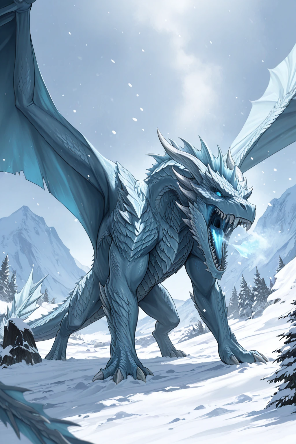 masterpiece, good quality, best quality, very awa, very as2, absurdres, highres
<lora:DragonsilluLoRA.json:1>dragon, teeth, sharp teeth, open mouth, wings, monster, scales, horns, claws, tail, spikes, glowing, blue eyes, icy blue, ice breath, angry, winter, snow falling
<lora:Blade & SoulStylelluLYCO:1> bns