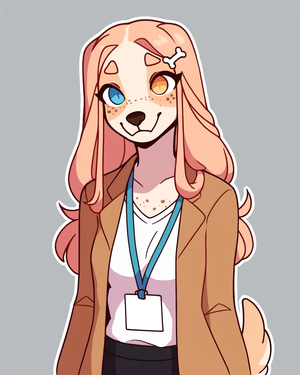 score_9_up, score_8_up, score_7_up, score_6_up, by remanedur, half-length portrait, medium breasts, long hair, dog, heterochromia, office lady, lanyard, skirt, shirt, white shirt, jacket, bone hair ornament, freckles, female, looking at viewer, tail, solo, happy, smile, three-quarter view, head tilt, simple background, white outline,<lora:Leah_Pines(AIM)_XL_v1:0.15> <lora:PDXL_artist_tags_v2_big:0.5> <lora:The-Minuscule-Task_PDXL_v1.0:0.6> <lora:Clover_FoxyPew:0.55>