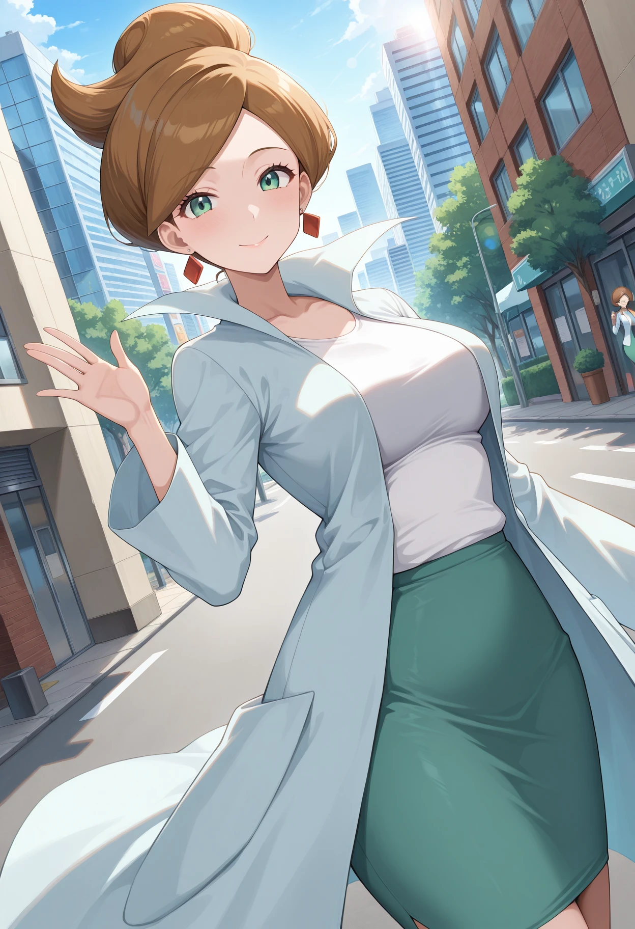 masterpiece, absurdres, newest, 1girl, solo, c-juniper, green eyes, hair bun, brown hair, lab coat, green skirt, earings, white shirt, outdoors, city, day, street, lens flare, dutch angle, dramatic lighting, looking at viewer, smile, mature female, hand up,