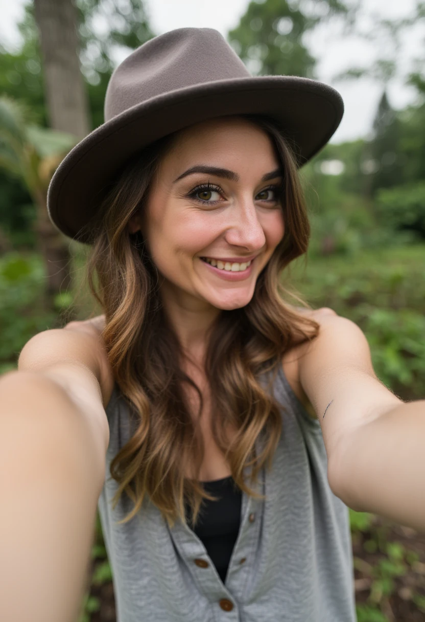 realistic photo of a woman, shot on an extremely realistic iphone, extremely realistic iphone photo, 1ph0n3, photograph, taking a selfie, arm stretched out, smiling, beautiful