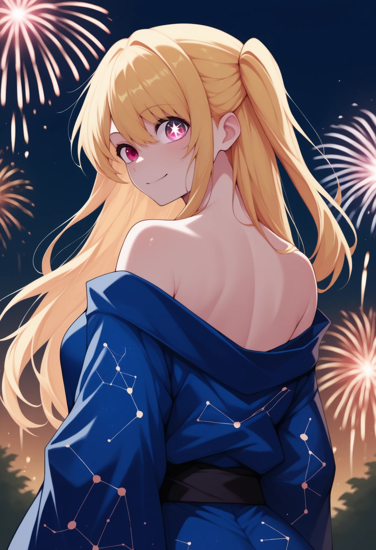 anime, masterpiece, best quality, newest, from behind, solo, 1girl, rbhshndef, smile, looking back, long hair, blonde hair, sidelocks, hair between eyes, one side up, pink eyes, mismatched pupils, star-shaped pupils, japanese clothes, blue kimono, print kimono, constellation print, off shoulder, black sash, bare shoulders, outdoors, night, fireworks
<segment:yolo-Anzhc Face seg 640 v2 y8n.pt,0.4,0.5//cid=1>