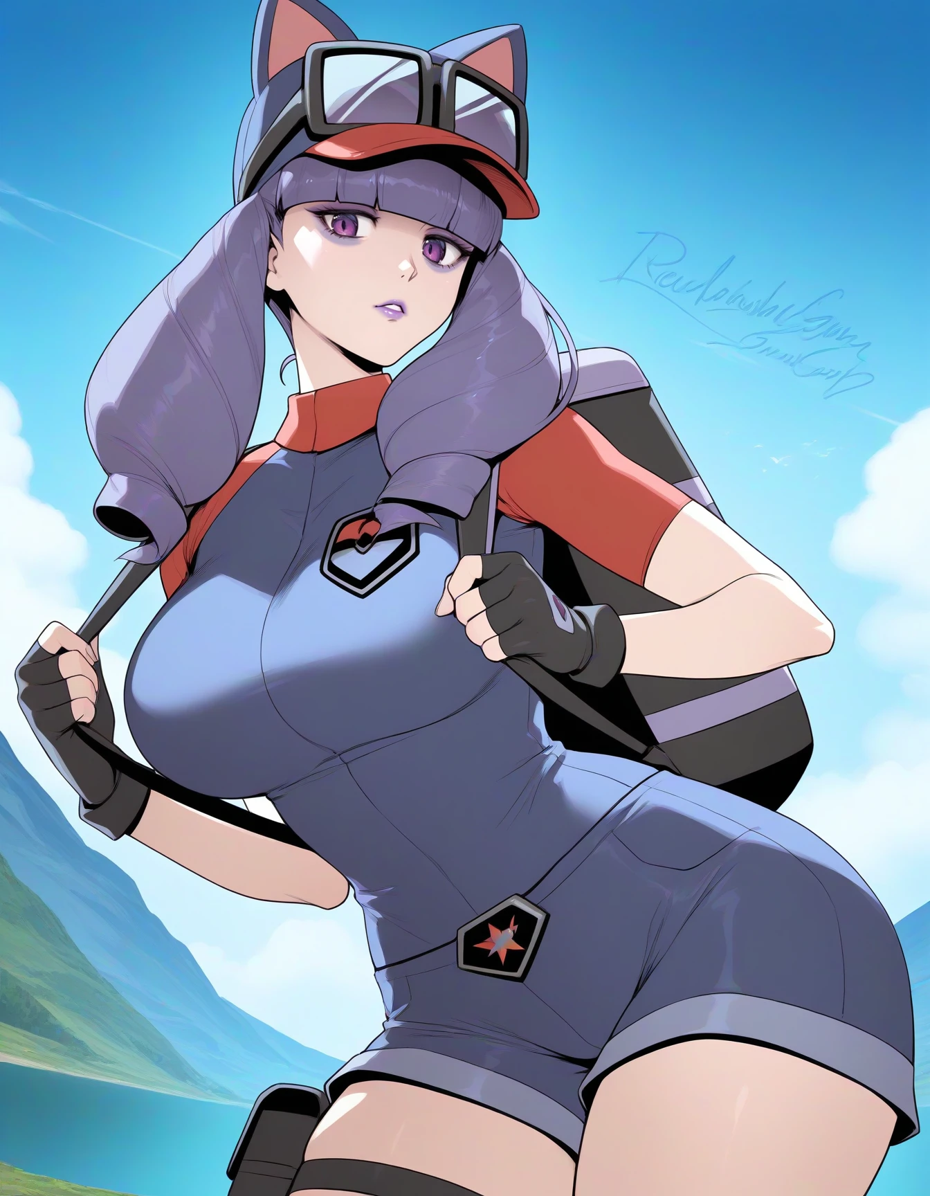 perfect anatomy, good quality, amazing quality, masterpiece, mature female, very awa, perfect quality, anime, detailed, 4k, detailed background, detailed illustration, professional illustration, high contrast, shadows, intense colors,, adult woman, grown up,
<lora:Rachelsmall-10:1> rachelpokemon, purple eyes, purple eyeshadow, purple hair, sunglasses,
sakimichan, redrop,
<lora:steam_steamdeliverygirl_illustriousXL:0.7> steamdeliverygirl, blue headwear, baseball cap, cat hat, goggles on headwear, blue shirt, raglan sleeves, short sleeves, black gloves, fingerless gloves, blue shorts, short shorts, thigh pouch, backpack