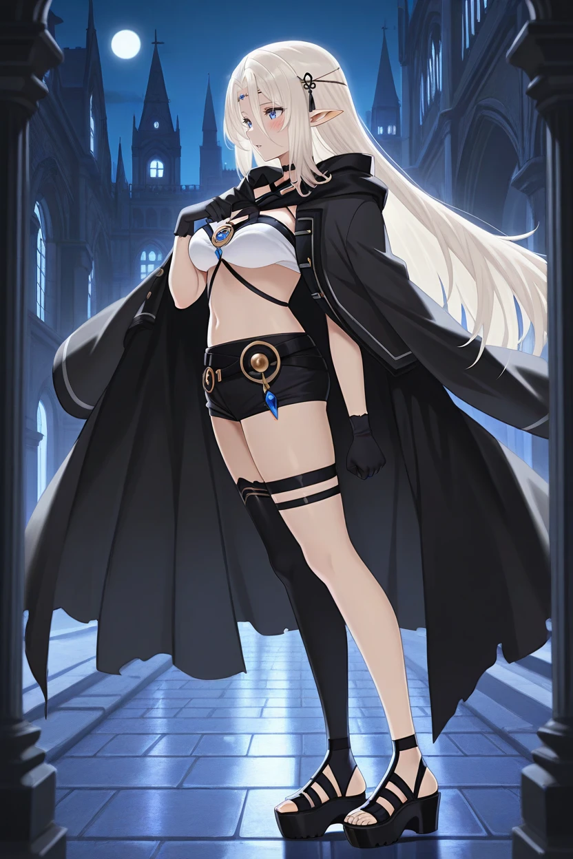 masterpiece, best quality, 1girl, solo, <lora:sdbeatrix-illu-nvwls-v1-000006:1> sdbtr, pointy ears, platinum blonde hair, long hair, hair between eyes, blue eyes, circlet, hair ornament, black choker, pendant, white tube top, criss-cross halter, black straps, black shorts, short shorts, belt, black gloves, single thighhigh, platform sandals, night, black coat on shoulders, black cloak, parted lips, blush, gothic architecture, standing, from side, hand on own chest, clenched hand, full body