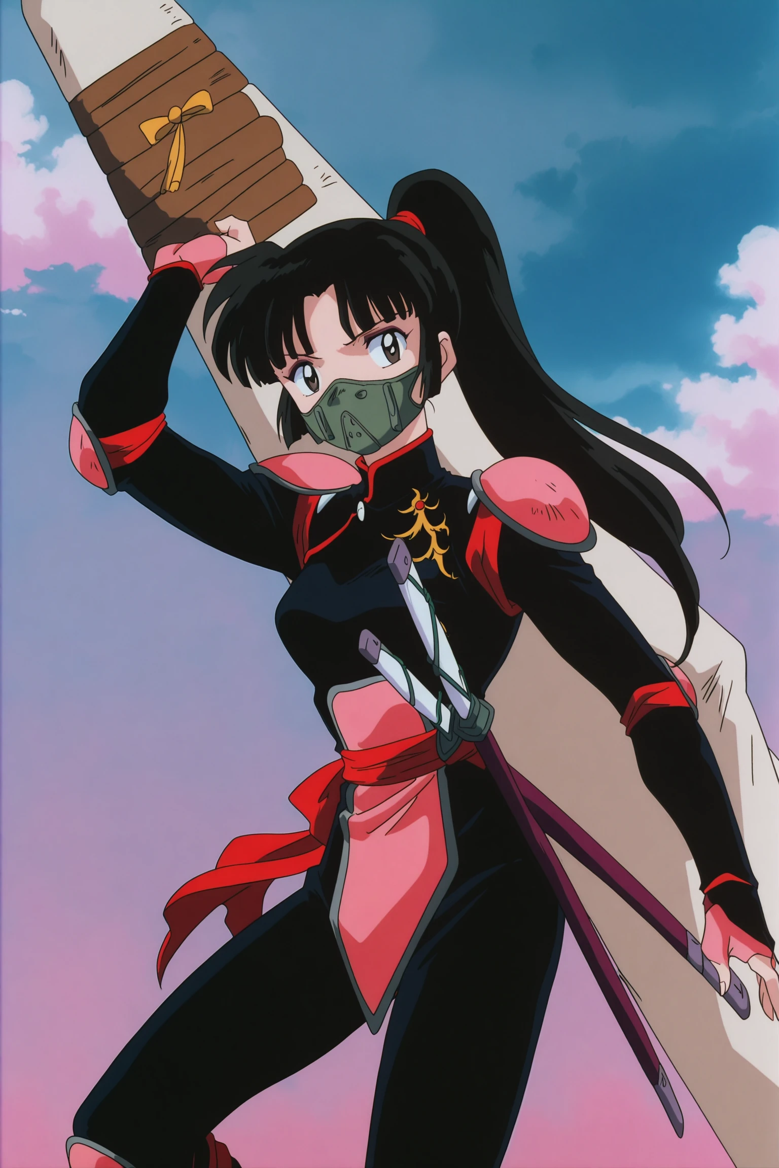 retro anime, 2000s (style), retro artstyle, anime coloring, anime screencap,
<lora:Sango_Inuyasha_2000s_art_style_-_Illustrious_V3:.9>
Sango's demon slayer outfit, 1girl, weapon, solo, sword, armor, ninja, mask, black hair, cloud, ponytail, bodysuit, long hair