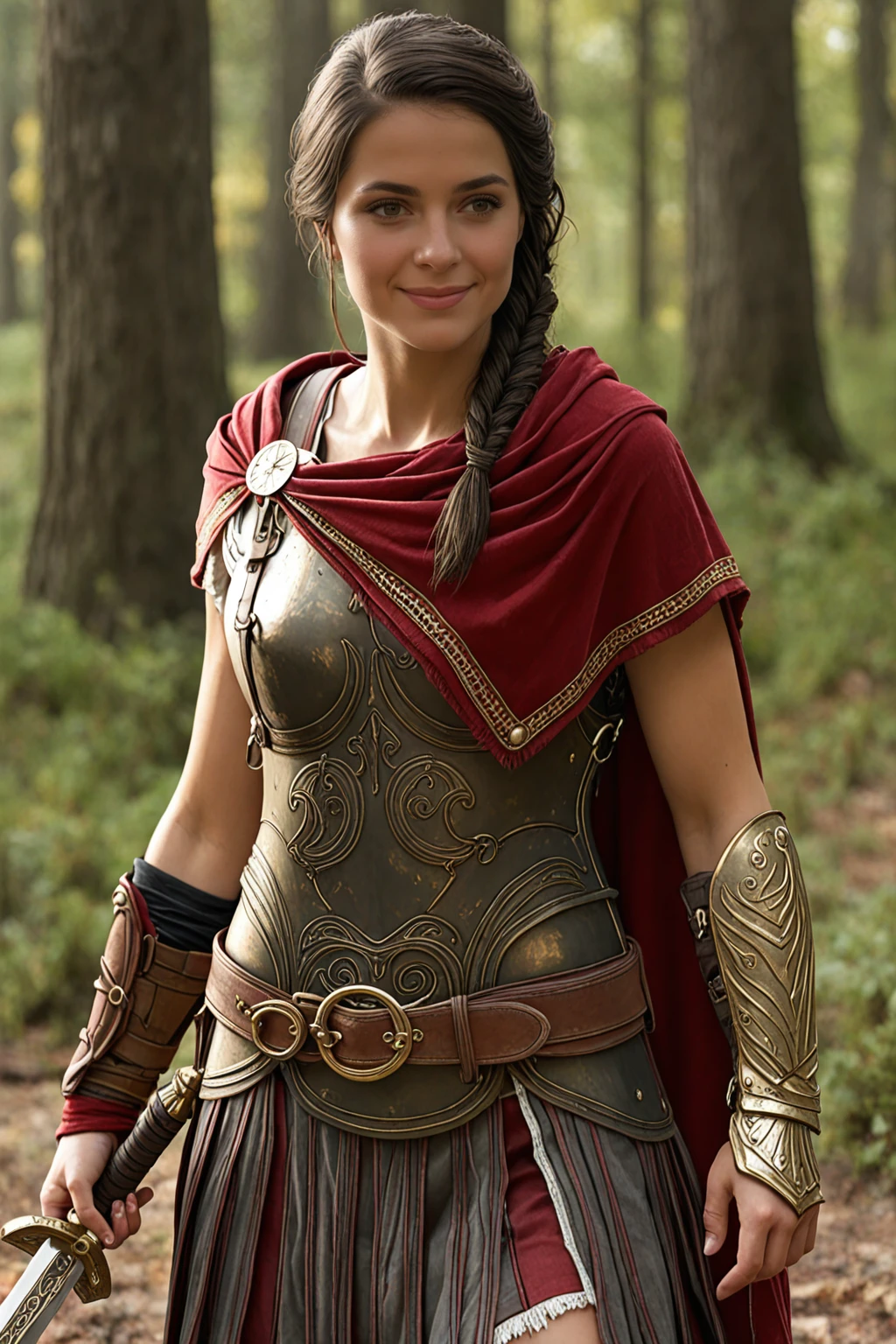 masterpiece, good quality, best quality, very awa, very as2, absurdres, highres
<lora:KassandrailluLoRA:1>kssndra, braid, long hair, hair over shoulder, capelet, breastplate, asymetrical bracer, fingerless gloves, belt, skirt, standing, in a forest, holding sword, smile