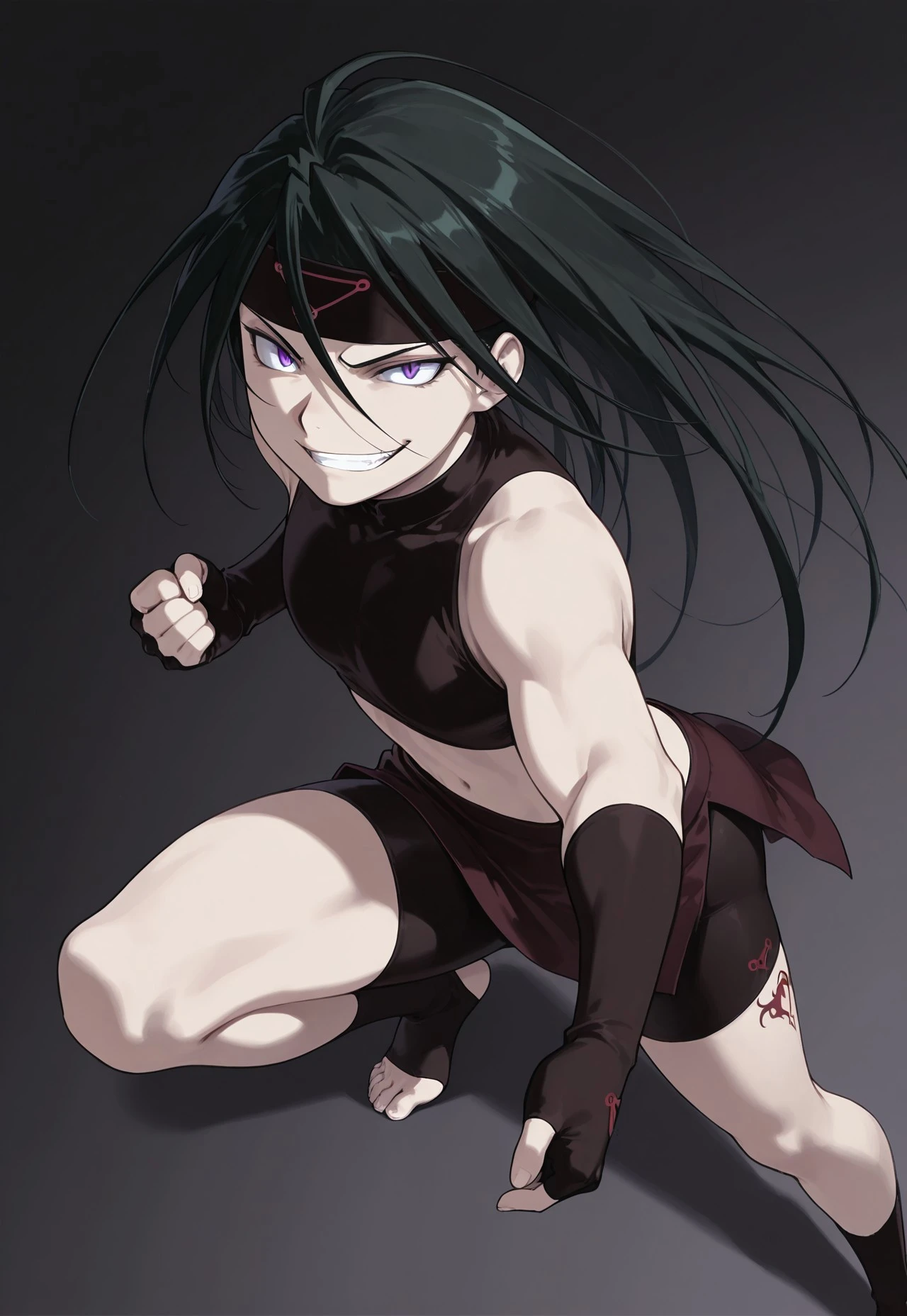 score_9, score_8_up, score_7_up, score_6_up, source anime, masterpiece, best quality, FMAB_Envy, 1boy, male, solo, long hair, black hair, purple eyes, slit pupils, headband, crop top, bare shoulders, midriff, gloves, fingerless gloves, skirt, side slit, bike shorts under skirt, bike shorts, toeless legwear, leg tattoo, fighting stance, evil grin, dynamic pose, perspective, from above