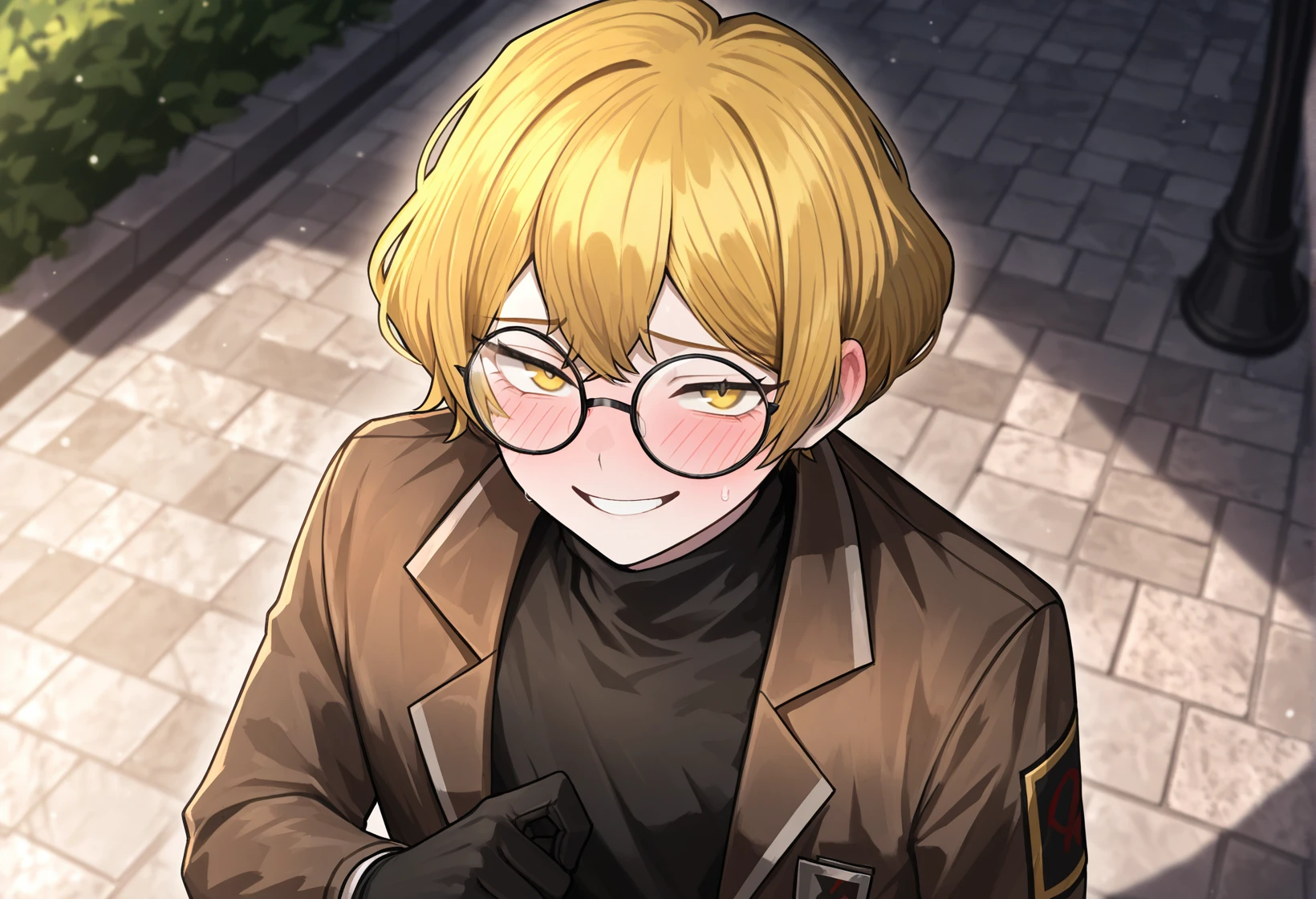 masterpiece,best quality,amazing quality,very aesthetic,absurdres,newest,upper body,1boy,(solo),sinclair,\(project moon)\,(masculine:0.75),thin eyes,blond hair,yellow eyes,brown jacket,open jacket,black turtle neck,round glasses,black glasses,(nervous:0.65),blushing,smiling,at a park,ambient lighting,from above,v,<lora:Limbus7:0.68>,limbusstyle