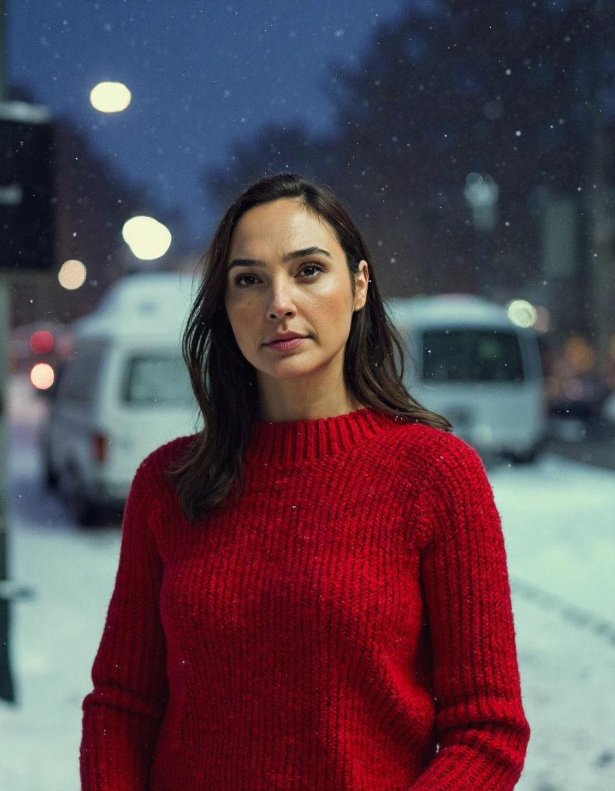 galgdt , Gal Gadot, cinematic still, high resolution image of a beautiful woman wearing a red sweater on a winter night, street lights and snowfall, street photography, inspiration from renowned photographers like Annie Leibovitz, front shot, The image is detailed and shot using a sony A7RIV with 50mm f 1.8 lens. It is a 48 megapixels.