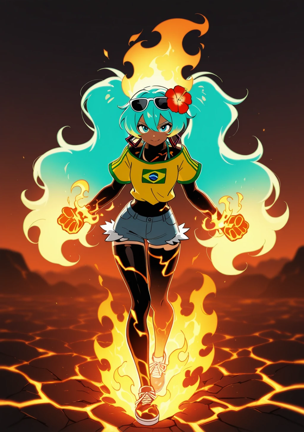 score_9, score_8_up, score_7_up, score_6_up, score_5_up, score_4_up, masterpiece, high quality, BREAK, full body, BREAK, <lora:Pyronite_Ben_10_PonyIllustrious:0.6> pyronite, fire, on fire, flaming head, lava body, charcoal body, cracks, <lora:Brazilian_Miku_Hatsune_Miku_Vocaloid_Illustrious:0.8> brazilian miku, aqua hair, sunglasses on head, flower in hair, yellow shirt, brazil flag on shirt, denim shorts, booty shorts, tanned, 1girl, hatsune miku,