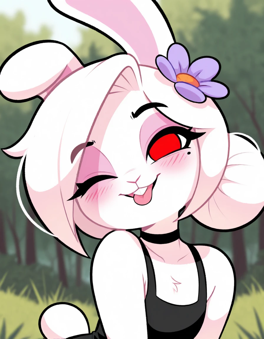 masterpiece, best quality,
outdoors,
upper body,headshot,evil smile,parted lips,long eyelashes,tongue out,black choker,one eye closed,head tilt,mole under eye, blush,
<lora:Carrots_v01_ILXL:1>,
C4rr0ts,1girl,solo,furry female,rabbit girl,rabbit ears,red eyes,white hair,body fur,white fur,rabbit tail,animal nose,hair ornament,hair flower,hair bun,buck teeth,