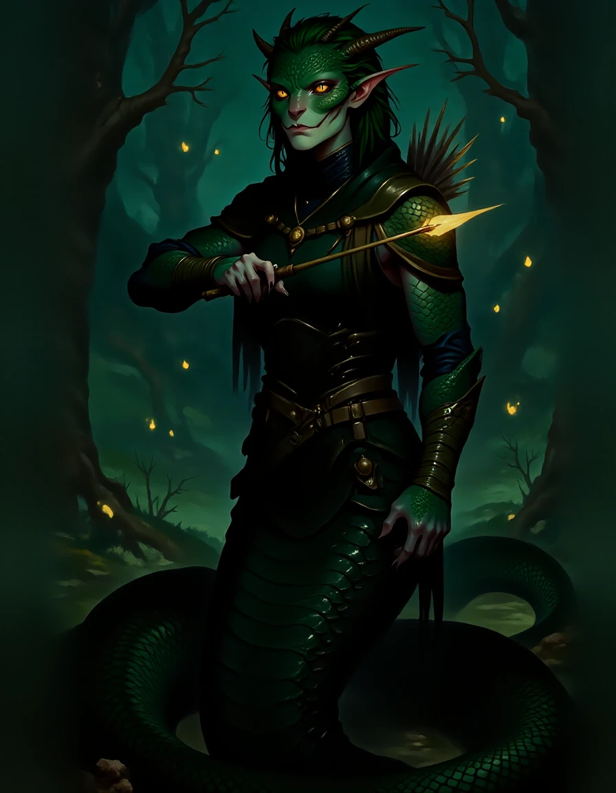 <lora:naga-lamia-concept:1>, <lora:orithis-vale-style:0.4>, A snake humanoid ranger with short green hair and green skin wearing a dark leather outfit, holds a glowing arrow, standing in a dense enchanted forest with misty trees and magical fireflies, scales and horns, n4g4, 0r1t1s