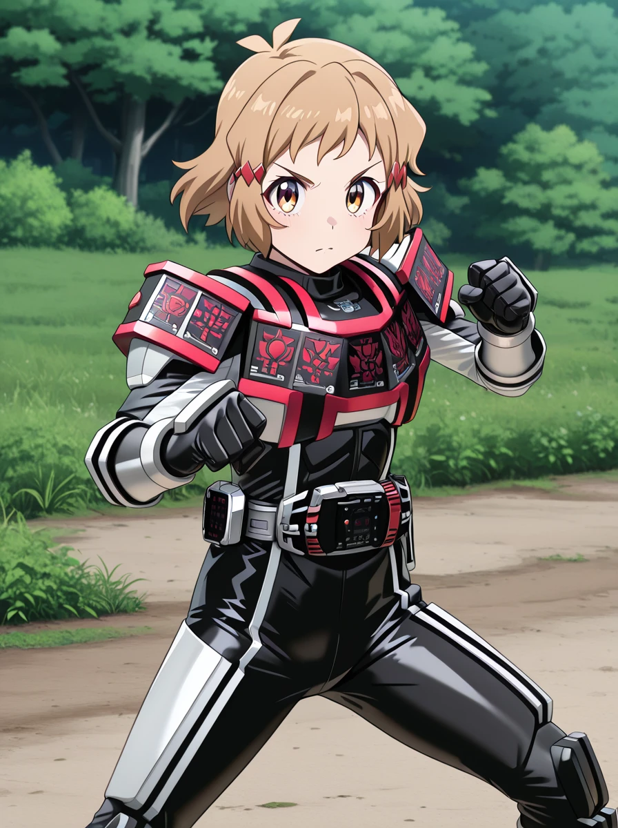 masterpiece, best quality, amazing quality, very aesthetic, absurdres, newest anime screenshot, anime coloring,
<lora:DecadeComplete:1>completeform, armor, solo, belt, tokusatsu, , standing, rider belt 1girl, fighting stance, looking at viewer <lora:TachibanaHibikiIlus:0.6>tachibanahibiki, 1girl, short hair, hair ornament, brown hair, brown eyes