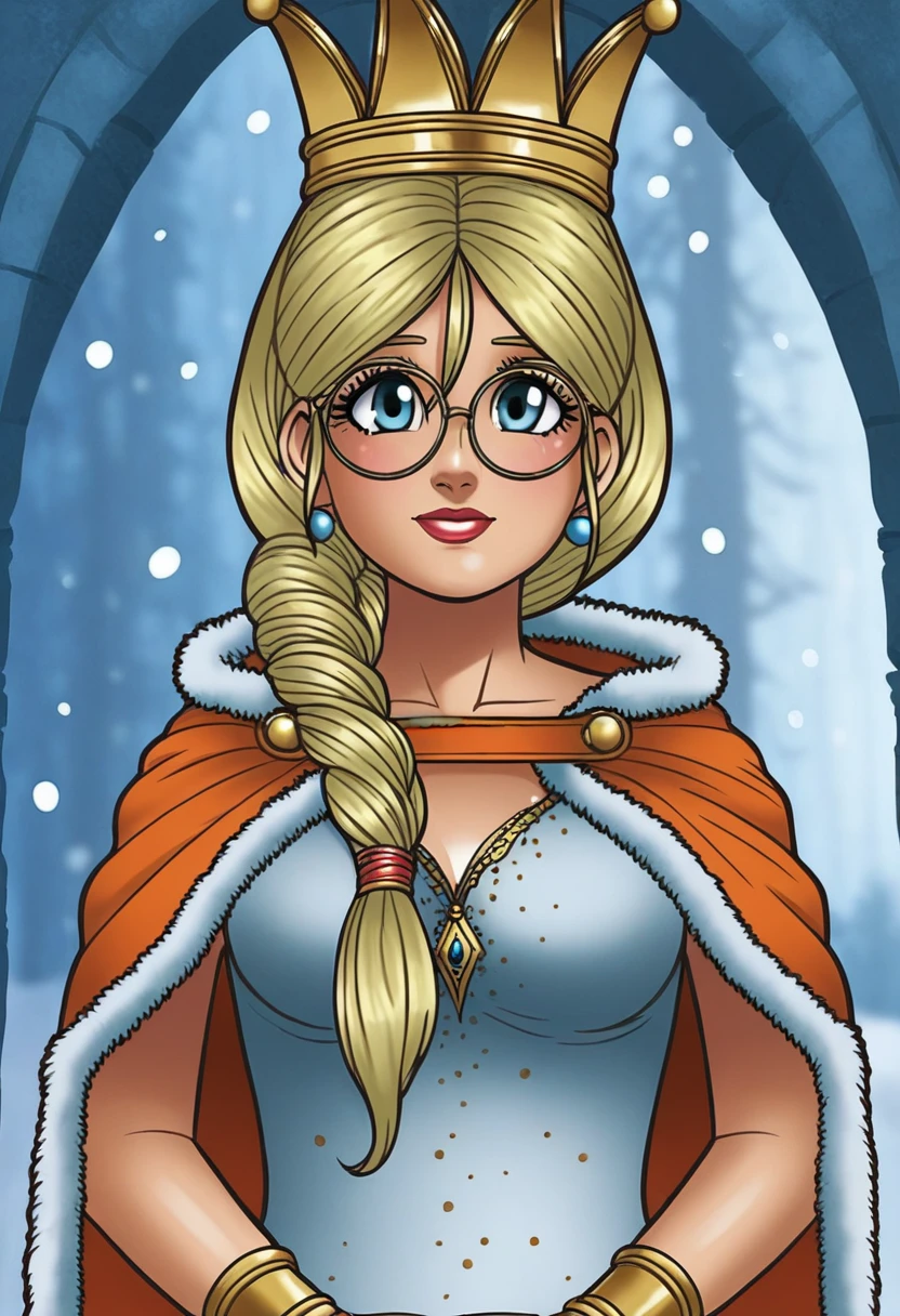 score_9, score_8_up, score_7_up, score_6_up, score_5_up, score_4_up, masterpiece, best quality, BREAK,
1girl, outdoors, snow, <lora:Queen_Frysabel_DQ:1> frysabel, glasses, long hair, blonde hair female, braid, dress, jewelry, bracelet, crown, cape