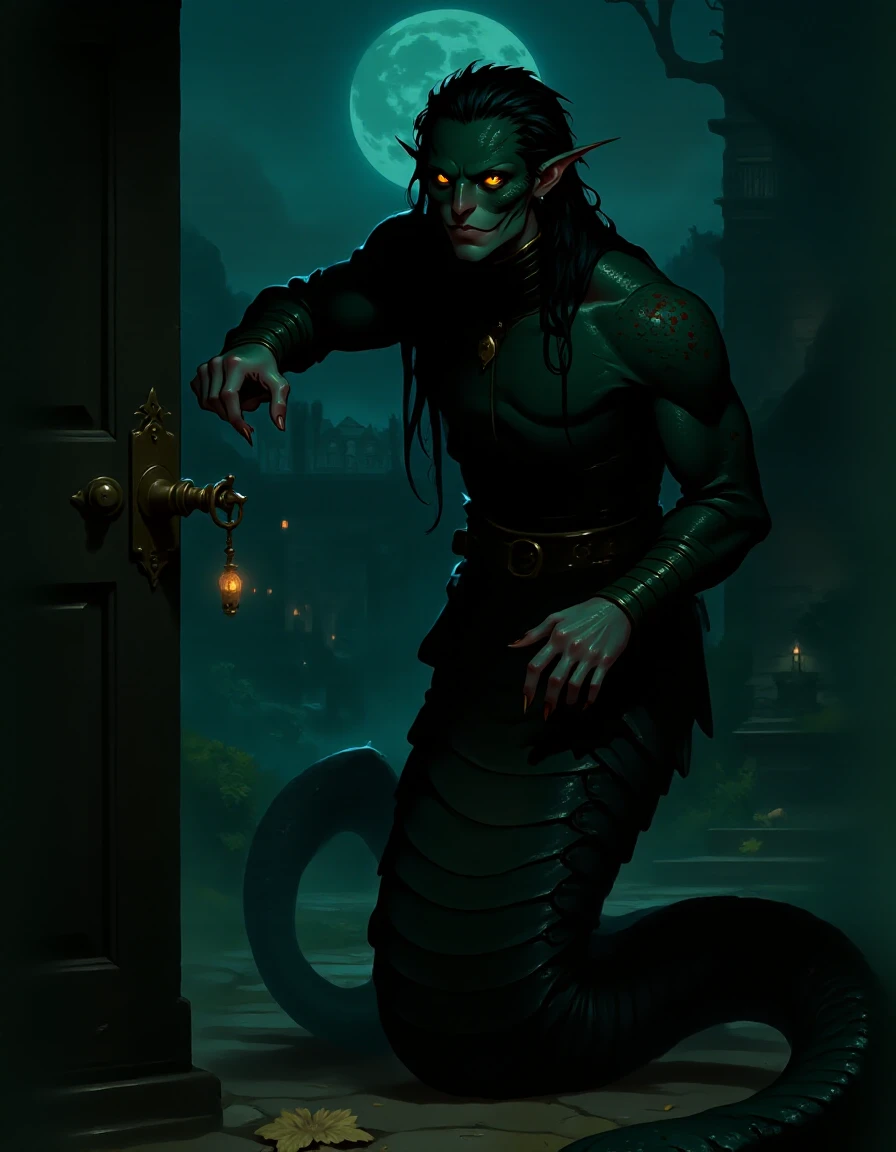 <lora:naga-lamia-concept:1>, <lora:noctra-style:0.7>, A nimble rogue crouches in the shadows of a grand, moonlit mansion, delicate lockpicks working their way into an ornate golden lock, n4g4, n0ctra