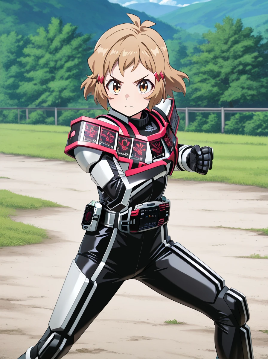 masterpiece, best quality, amazing quality, very aesthetic, absurdres, newest anime screenshot, anime coloring,
<lora:DecadeComplete:1>completeform, armor, solo, belt, tokusatsu, , standing, rider belt 1girl, fighting stance, looking at viewer <lora:TachibanaHibikiIlus:0.6>tachibanahibiki, 1girl, short hair, hair ornament, brown hair, brown eyes