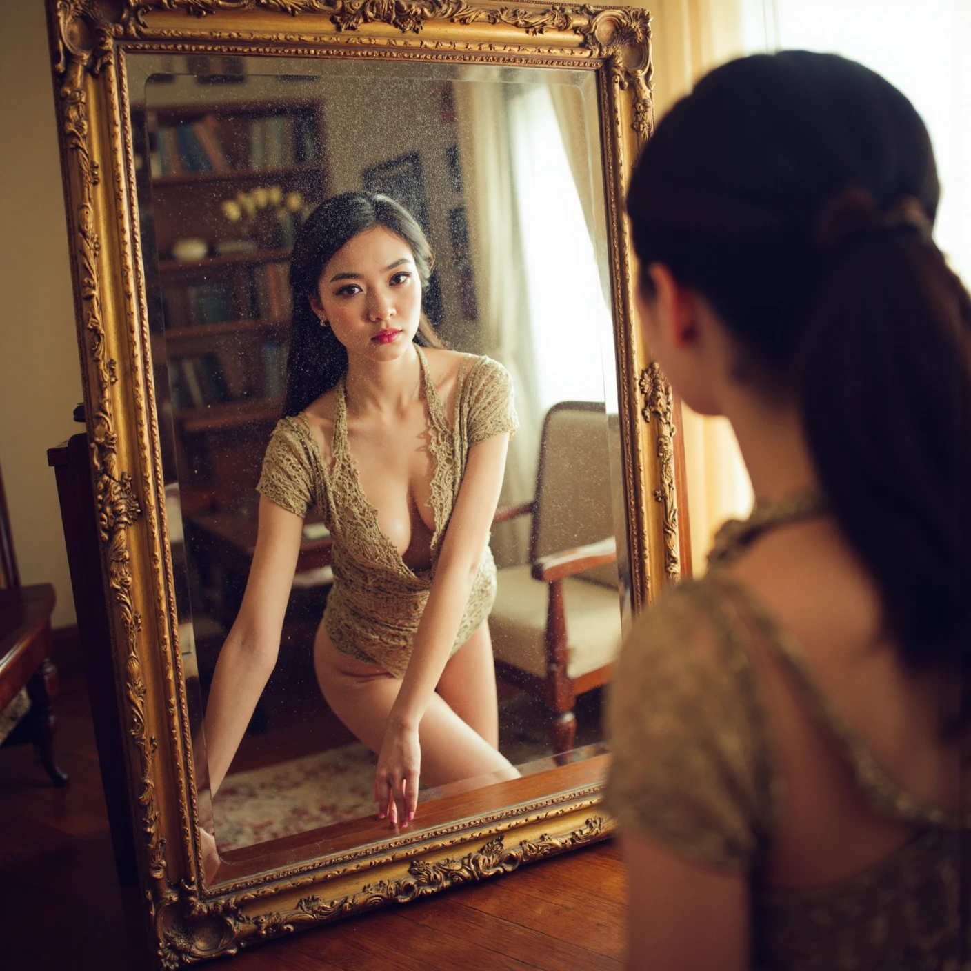 bare naked, no clothes, back naked body, no accesorries, her hands hold and putting her goden tradiodional bali tiara on her head, authentic balinese head tiara with white flower an her hair & ears